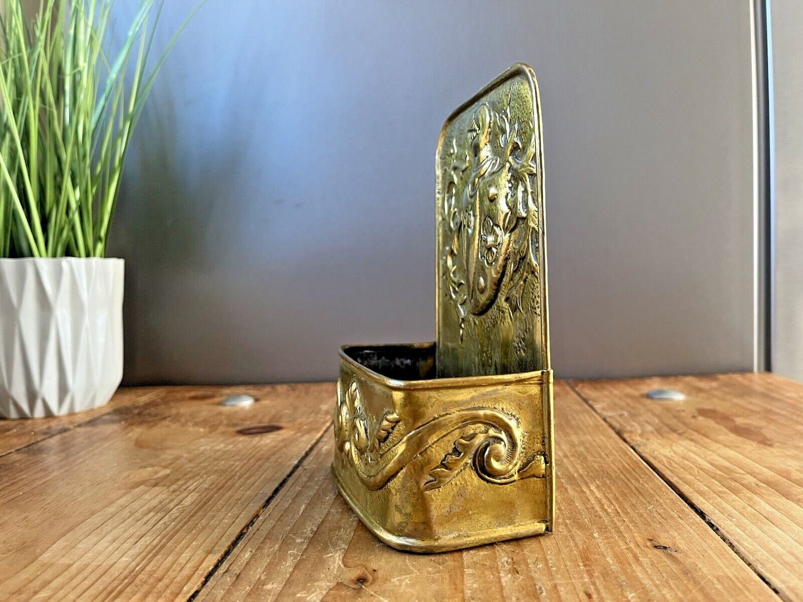 Antique French 19th Century Brass Fireside Candle Box Armour Knight Shield Axe photo vinterior