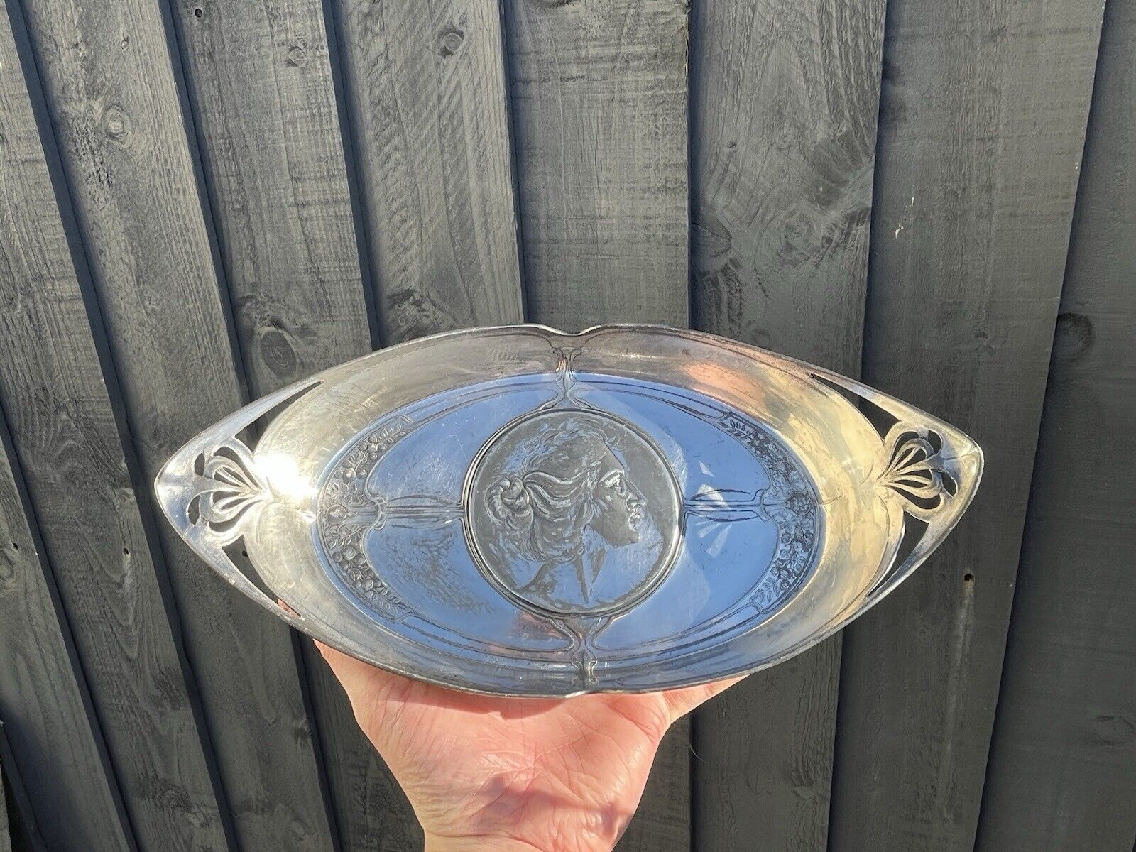 Home Decor Antique Art Nouveau Jugendstil Maiden Lady Pewter / Silver Metal Card Tray Wmf photo