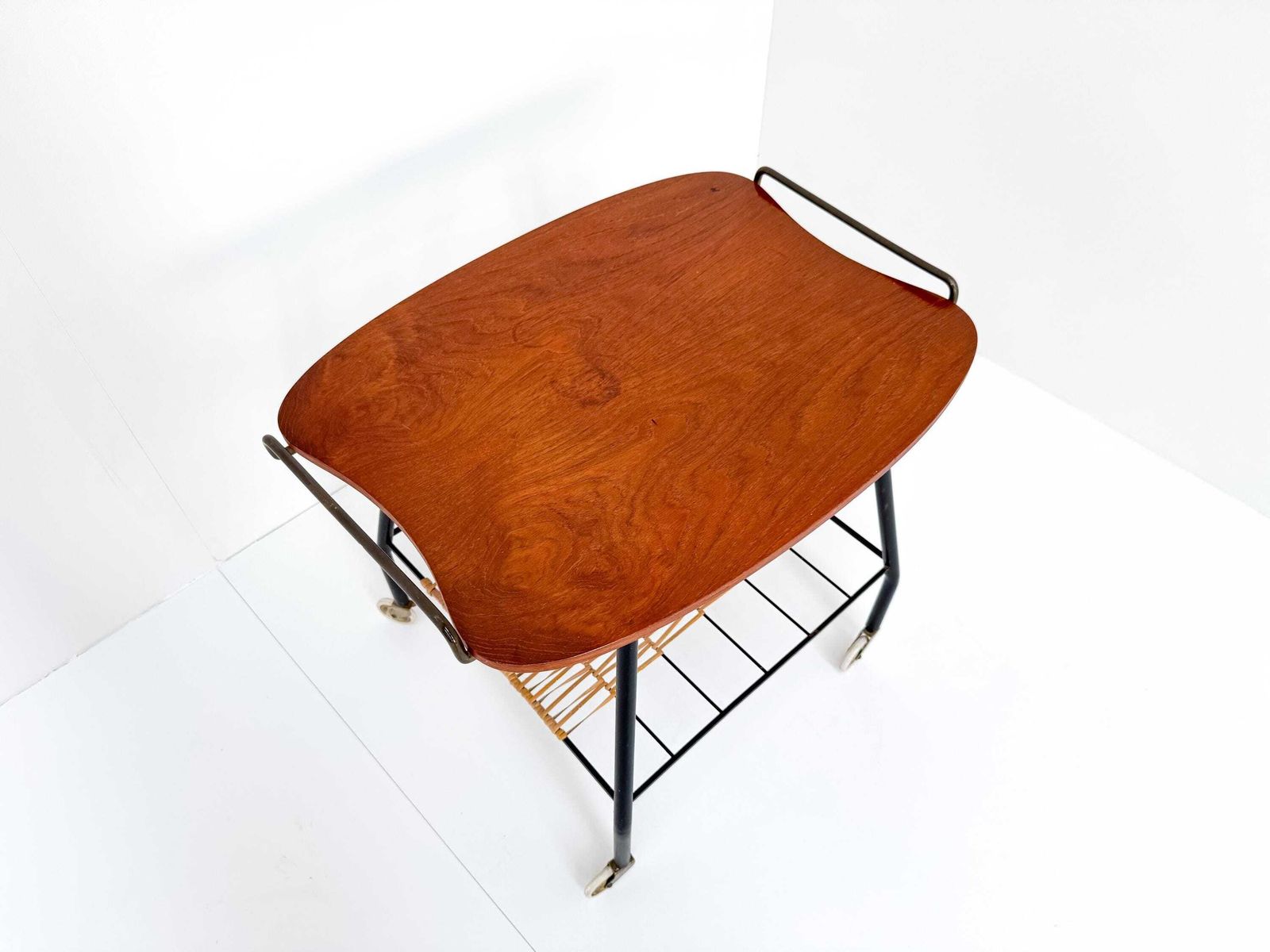 Danish Vintage Serving Cart / Tea Trolley From The 1950s – Teak, Brass & Rattan photo vinterior