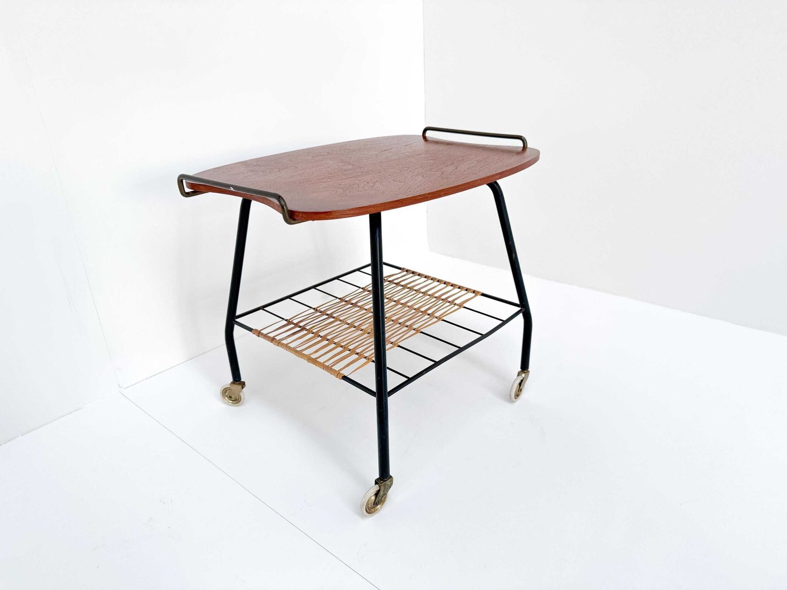 Danish Vintage Serving Cart / Tea Trolley From The 1950s – Teak, Brass & Rattan photo buy