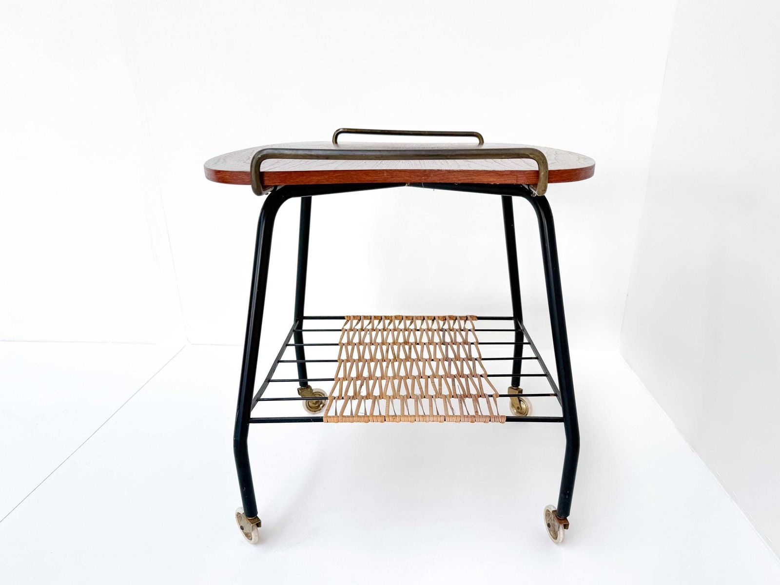Danish Vintage Serving Cart / Tea Trolley From The 1950s – Teak, Brass & Rattan photo vintage