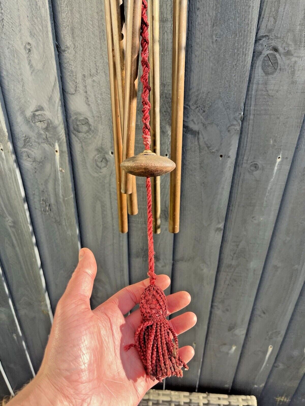 Antique 1920's Wooden Oak Copper Pipe Wind Chime Bell Ringer Alpine Rustic Farm photo 135.0