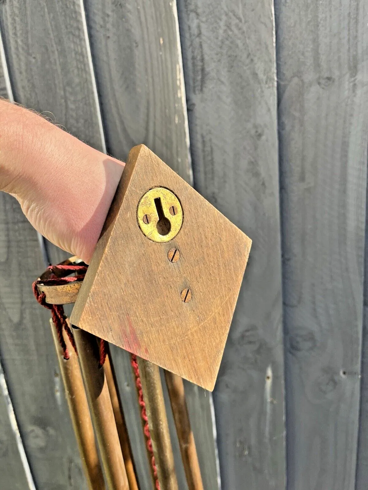 photo for sale Antique 1920's Wooden Oak Copper Pipe Wind Chime Bell Ringer Alpine Rustic Farm