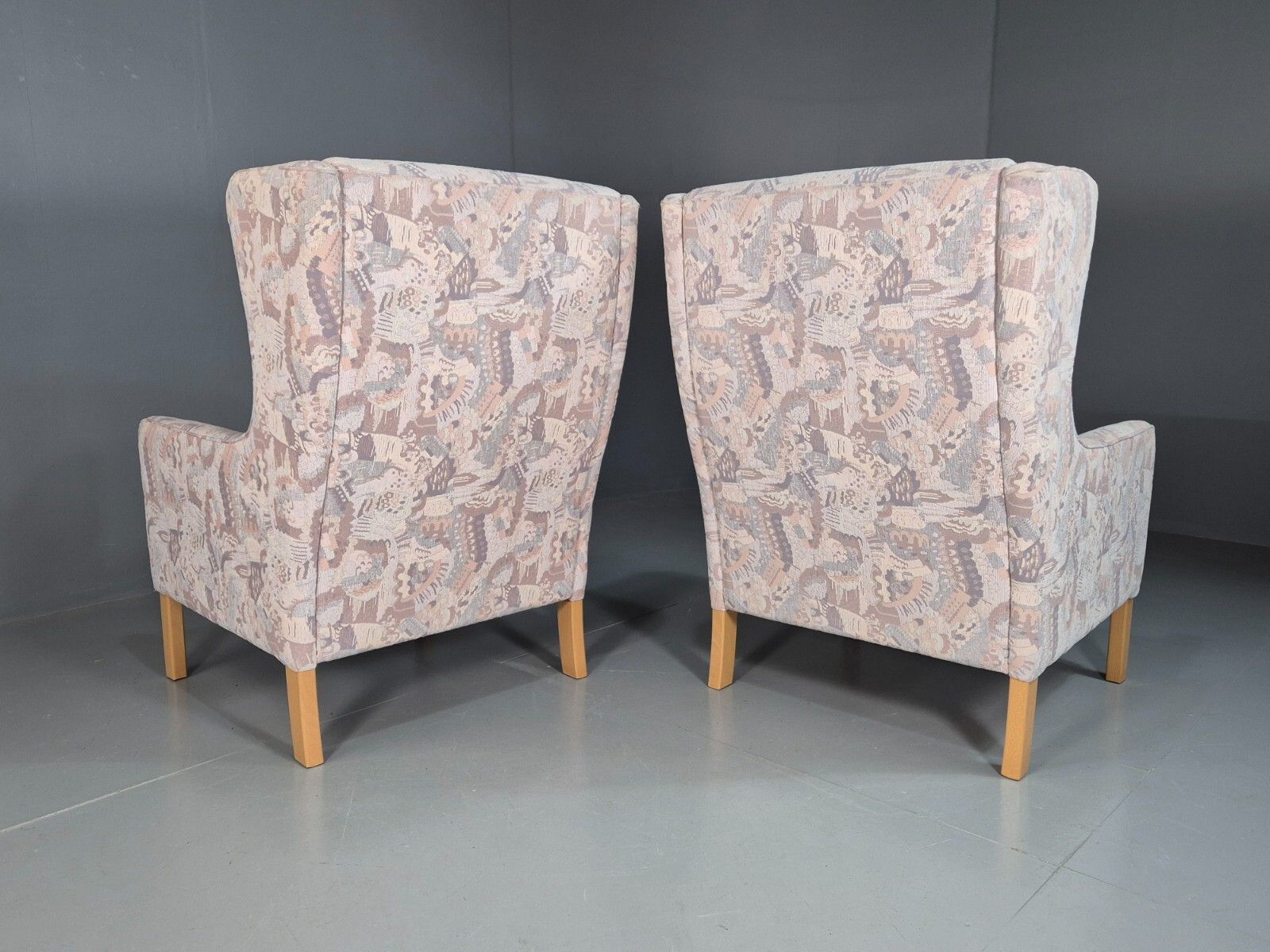 500.0 2 Vintage Danish Wing Back Lounge Chairs Cotton 1980s Fabric Retro Eb8289 Mnor photo