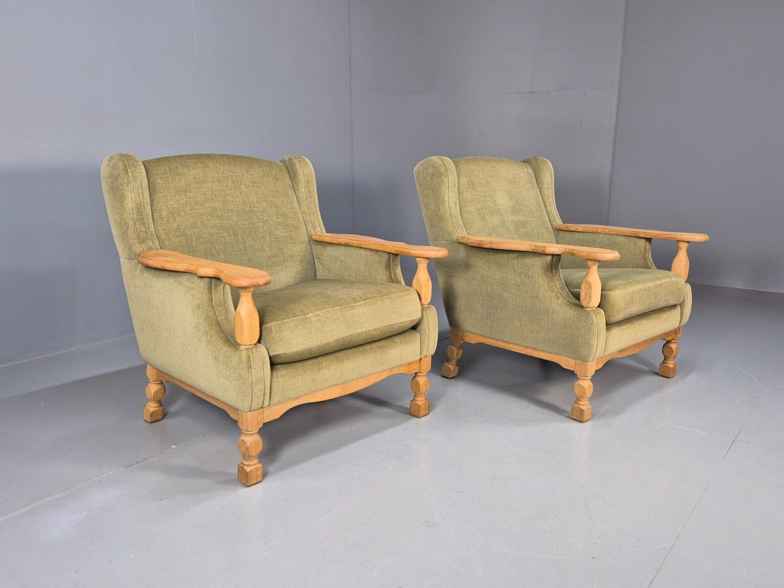2 Vintage Danish Lounge Chairs Green Oak Frame Kjearnulf Retro 1970s Eb8279 Mnor photo 550.0