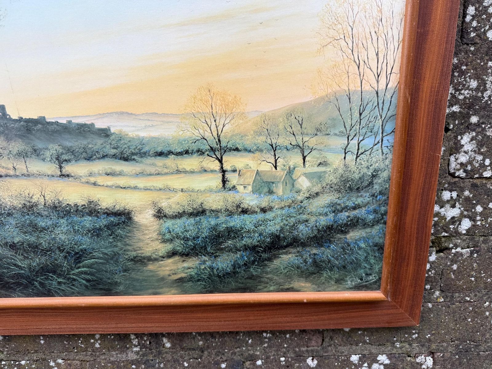 Huge Vintage Print ‘Enchanting Morn’ Landscape By Keith Best In Wooden Frame photo vintage