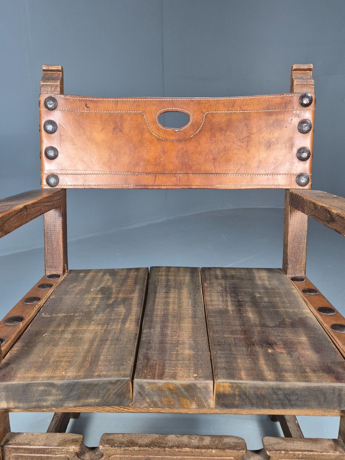 Vintage Lounge Chair Leather Carved Wood Spanish Style Antique Eb8175 Vcar photo buy