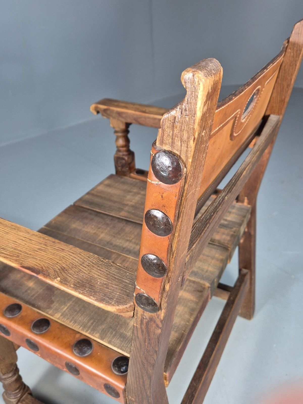 photo buy Vintage Lounge Chair Leather Carved Wood Spanish Style Antique Eb8175 Vcar