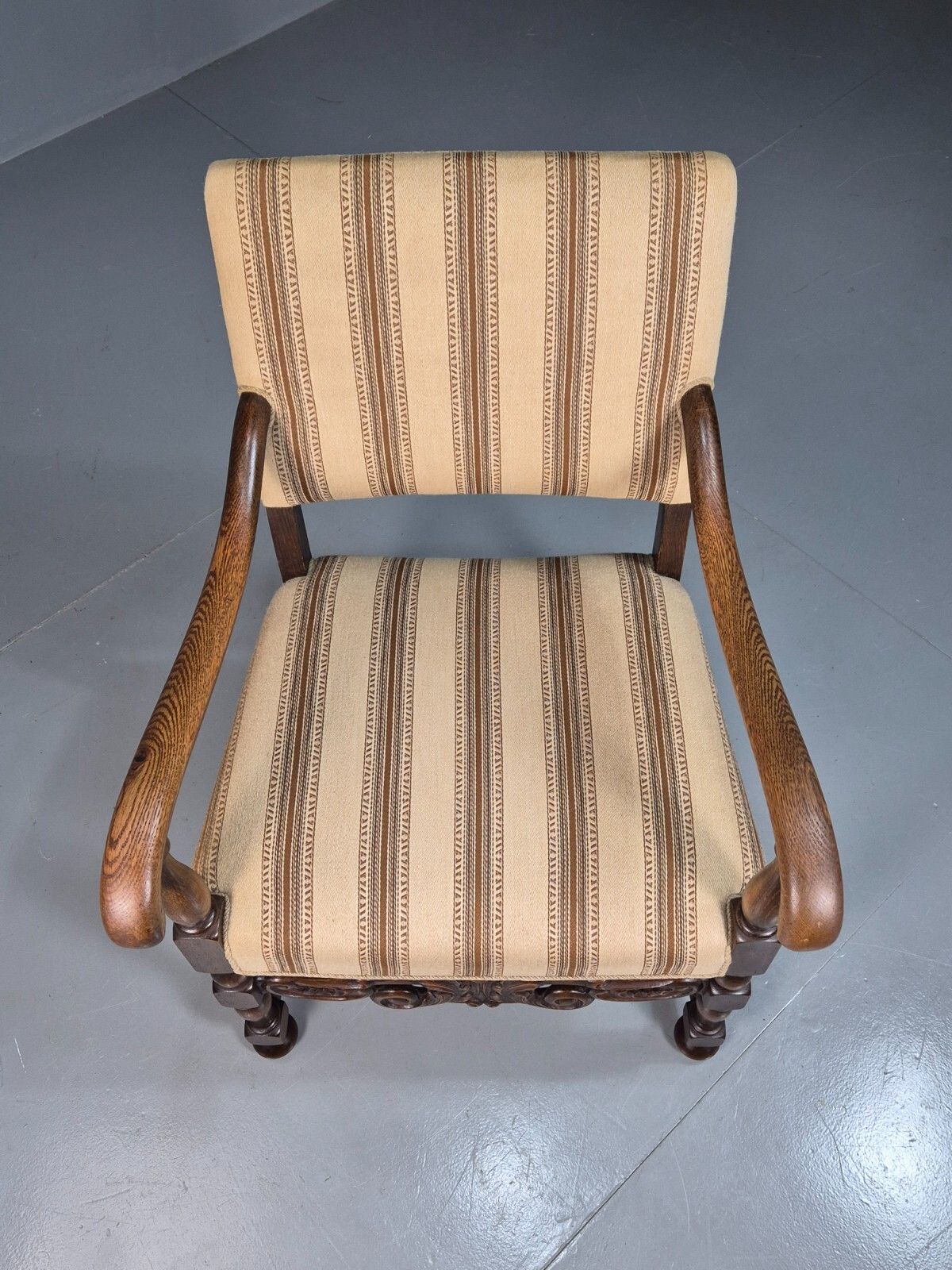 Vintage Danish Elbow Chair Cream Stripe Oak Frame 1950s Repro Eb8084 Vdin photo for sale