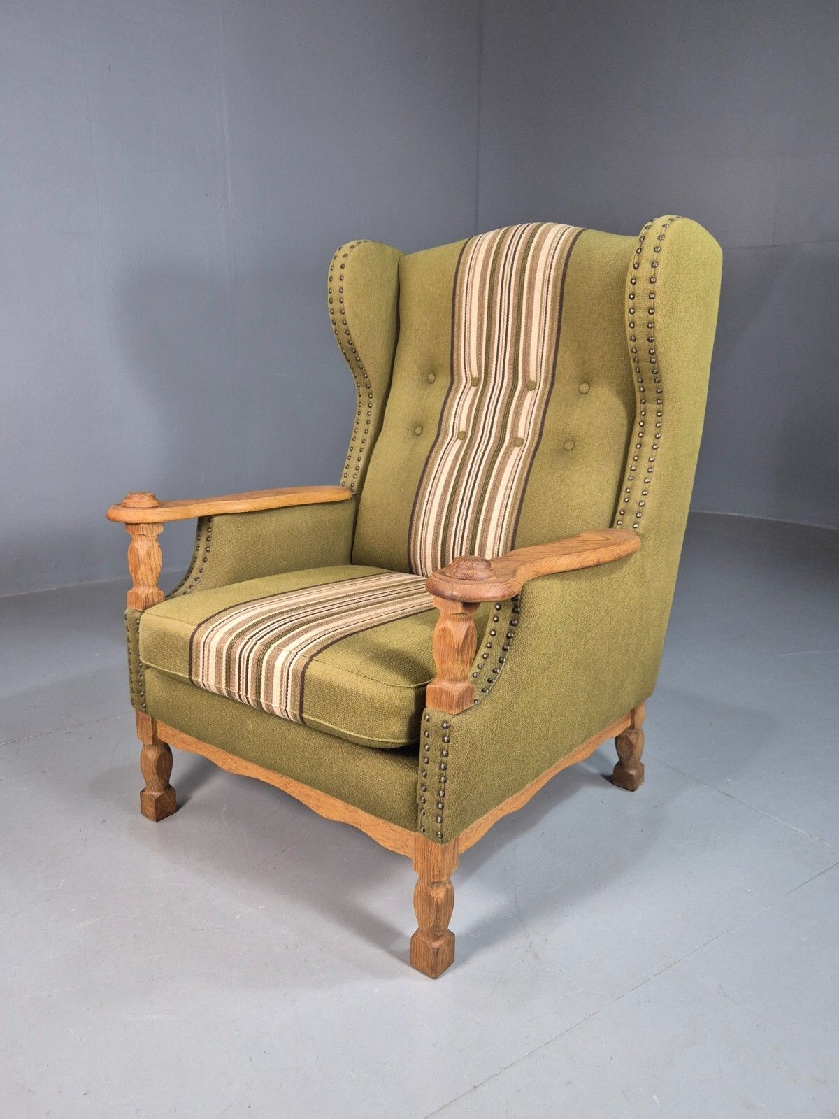 Vintage Danish Green Striped Wingback Armchair Oak Studded Skippers Eb8044 Mnor
