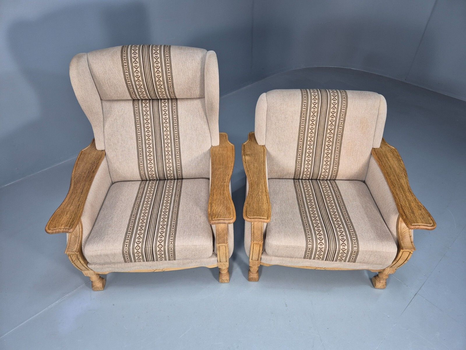 2 Vintage Danish Lounge Chairs Cream Wool Oak Kjaernulf Retro 1970s Eb8020 Mnor photo for sale