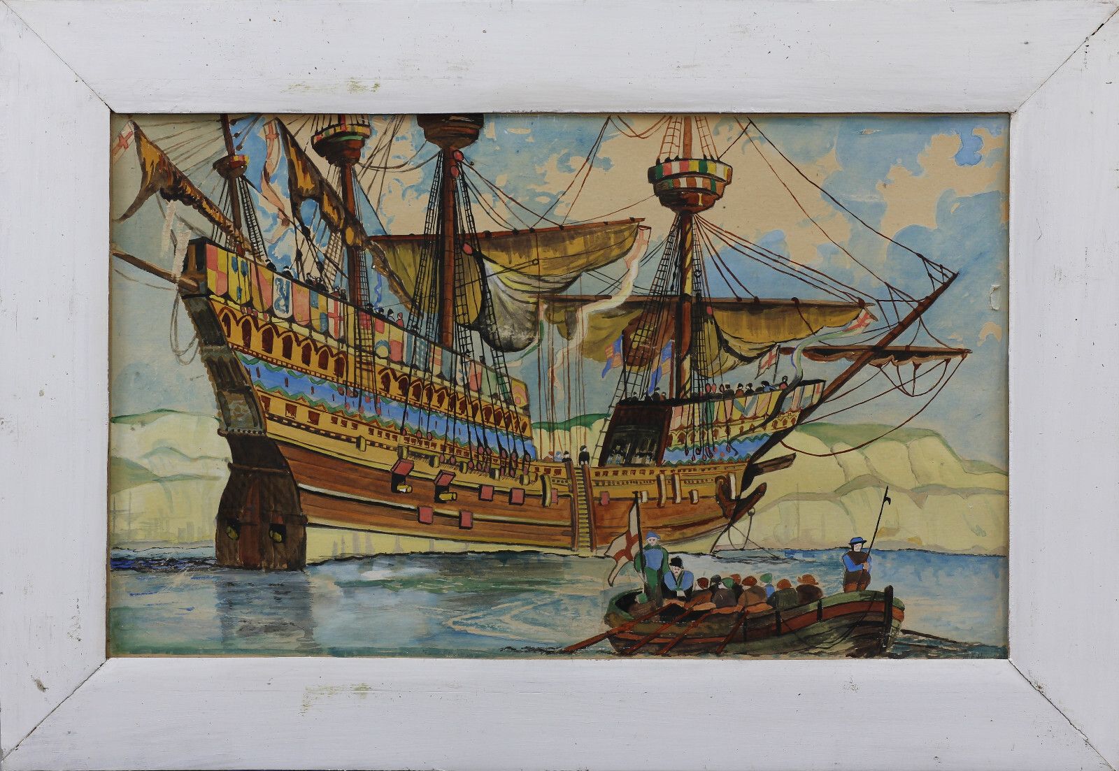 Watercolour And Gouache On Card By W. F. Hill.  Subject Is A Galleon photo Art
