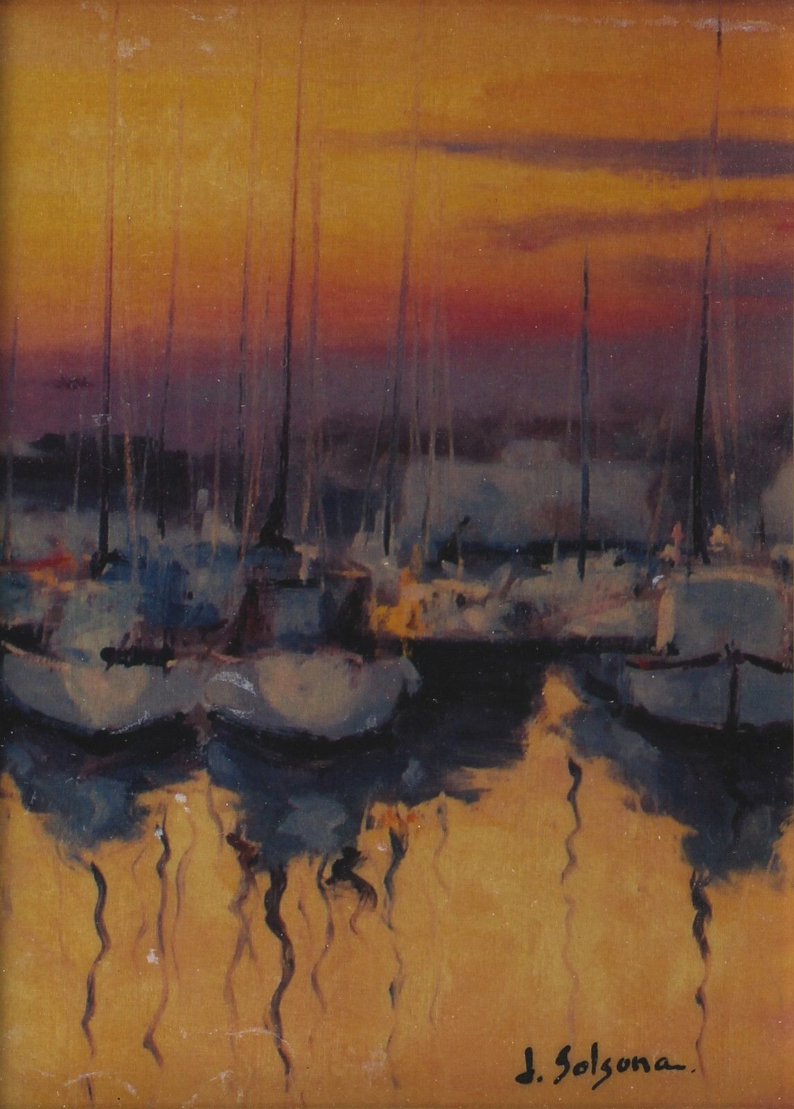 Oil On Board Behind Glass By J Solsona Sailing Boats At A Marina photo furniture