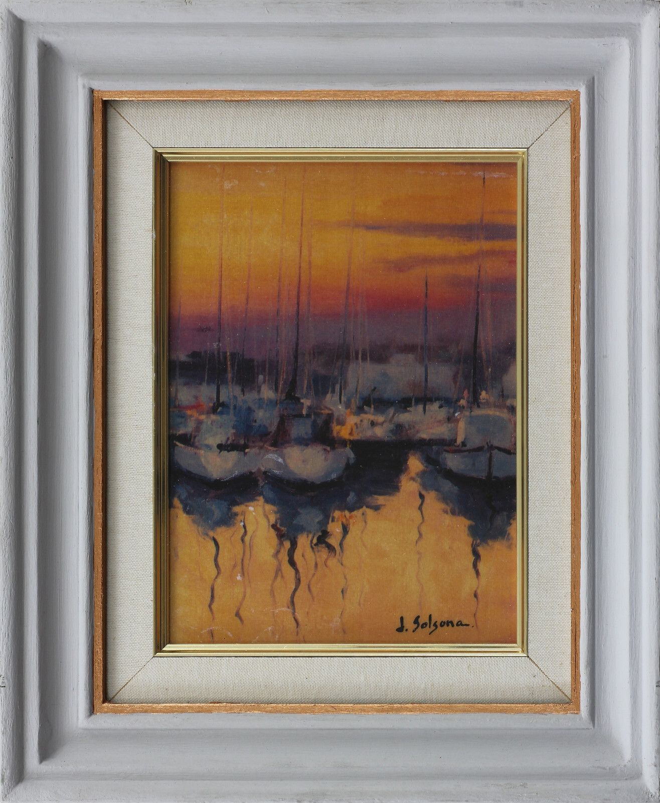 Oil On Board Behind Glass By J Solsona Sailing Boats At A Marina photo Art