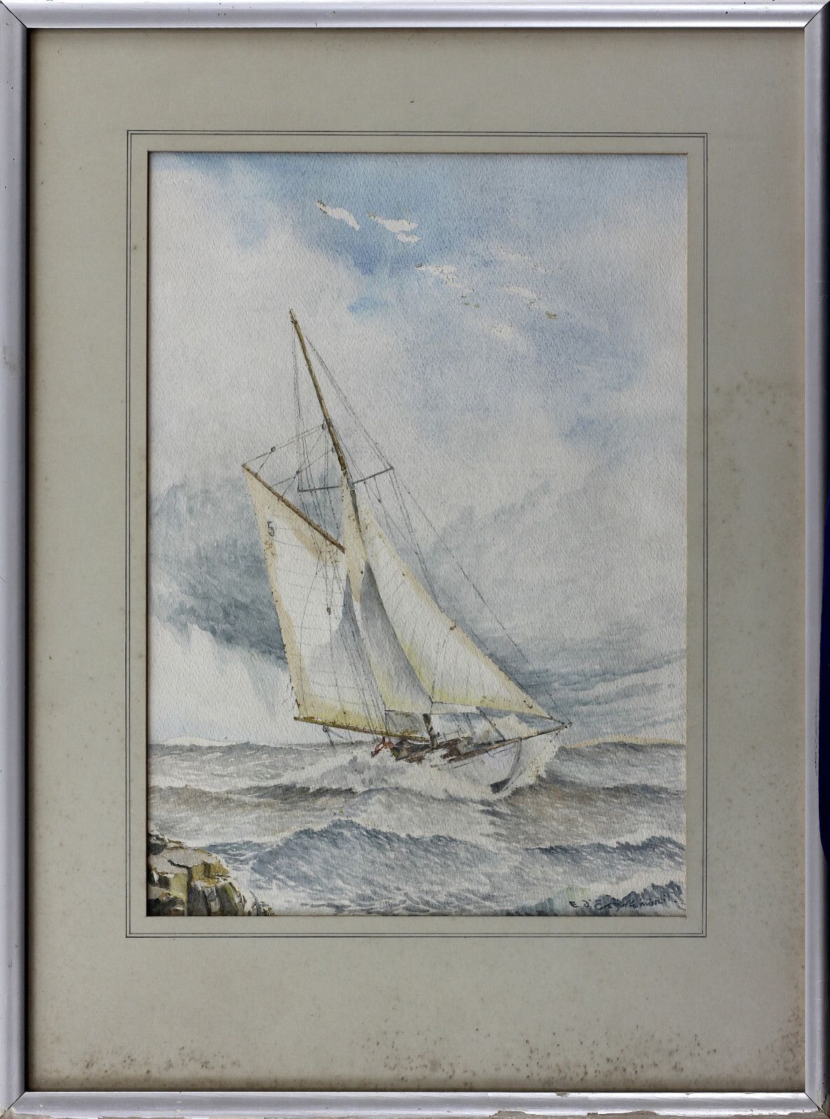 Watercolour Sailing Boat In Heavy Sea. Indistinctly Signed. photo Art