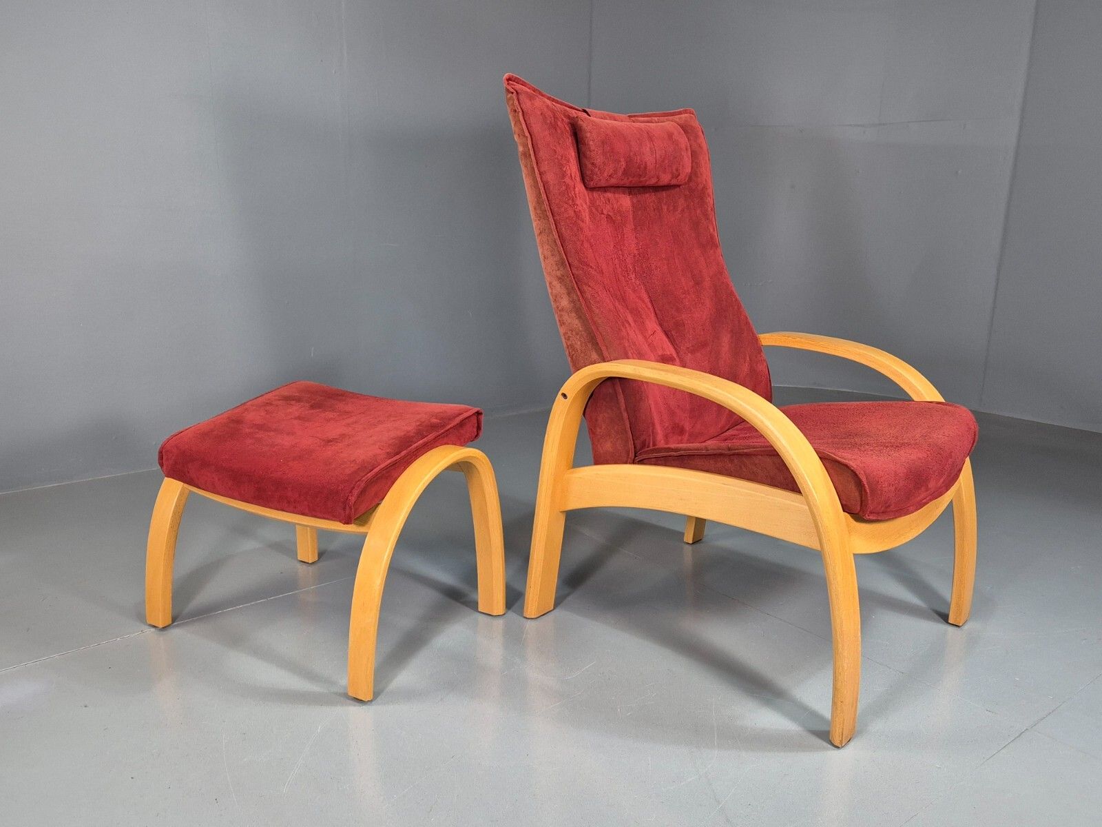 Vintage Danish Lounge Chair Footstool Reclining Red Oak 1980s Retro Eb7438 Mben photo Furniture