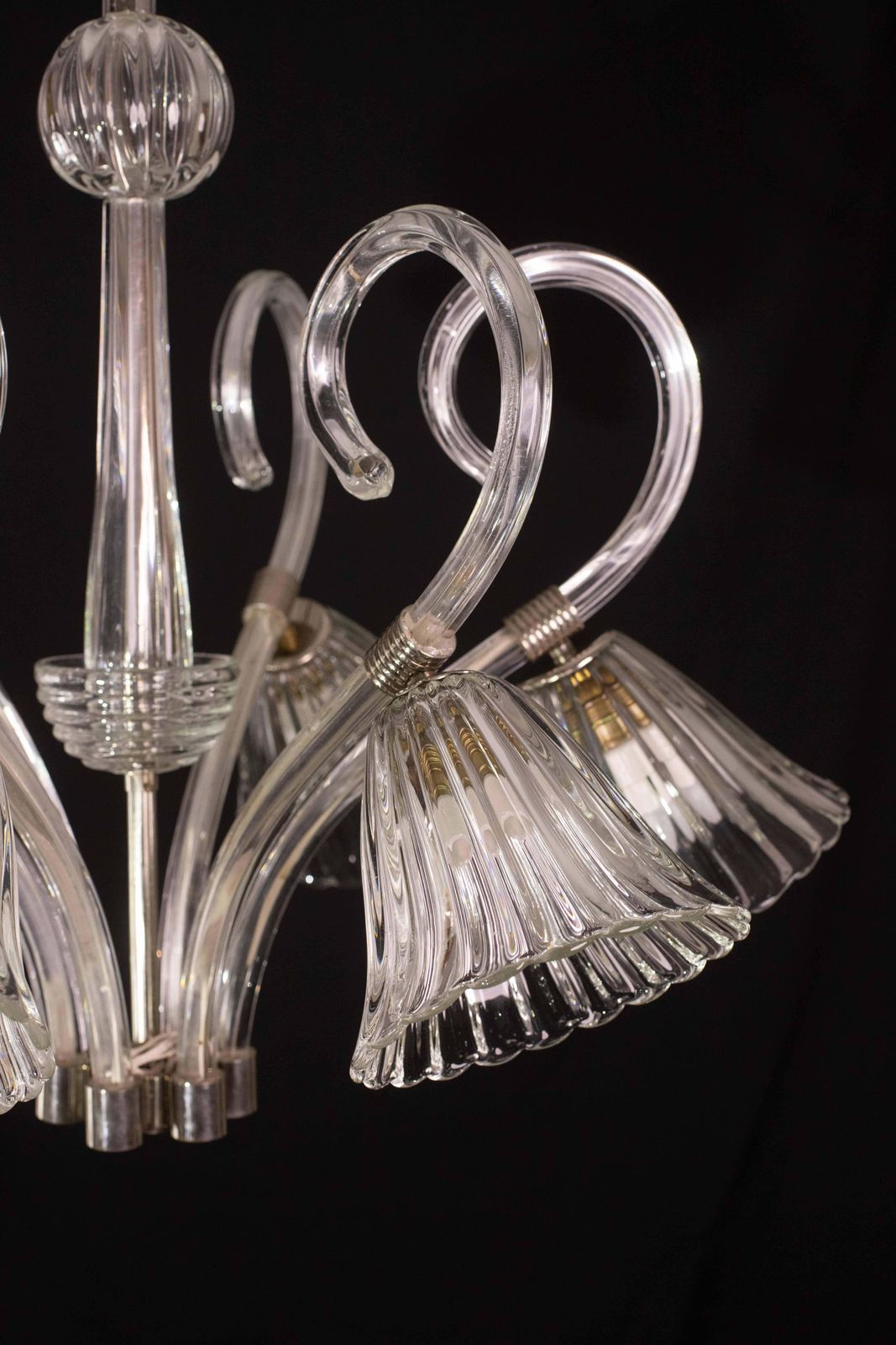 photo for sale Amazing 6 Light Art Deco Murano Glass And Brass Chrome Chandelier By Barovier