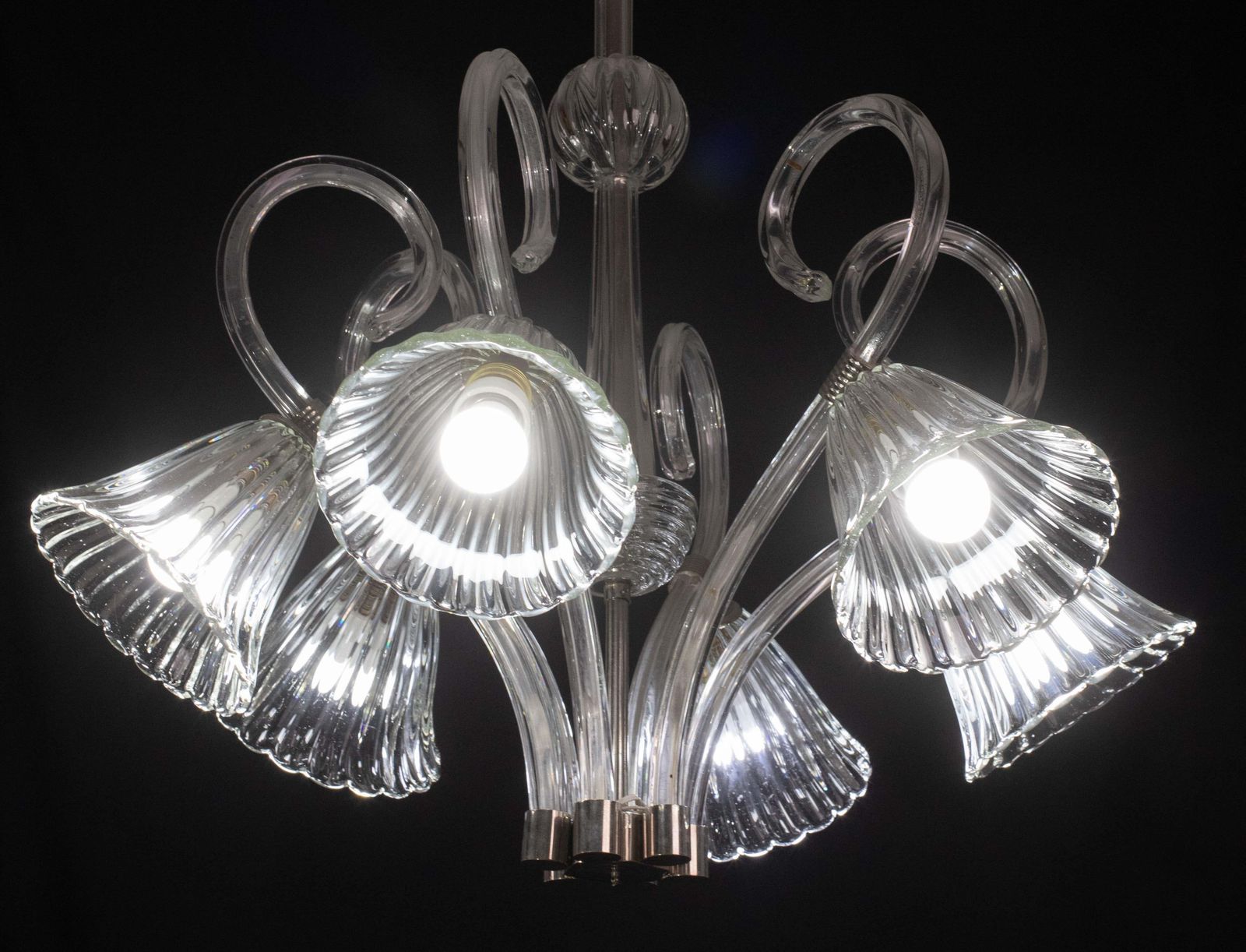 photo vinterior Amazing 6 Light Art Deco Murano Glass And Brass Chrome Chandelier By Barovier