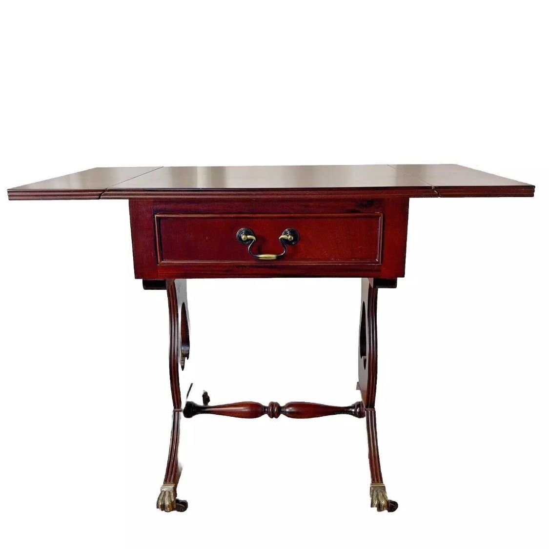 Side Table Drop Leaf Mahogany  1970s Reproduction Brass Lion Claw Feet
