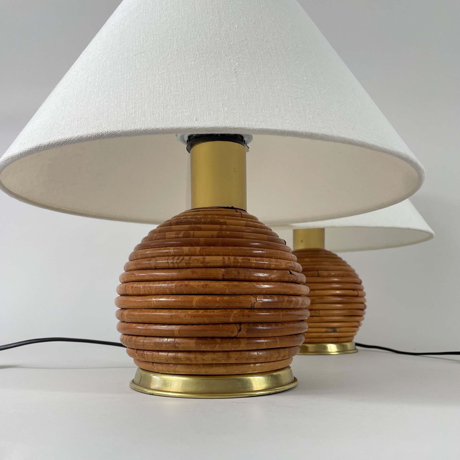 photo for sale Table Lamps, Pencil Reed Rattan And Brass, Vivai Del Sud Italy 1960s