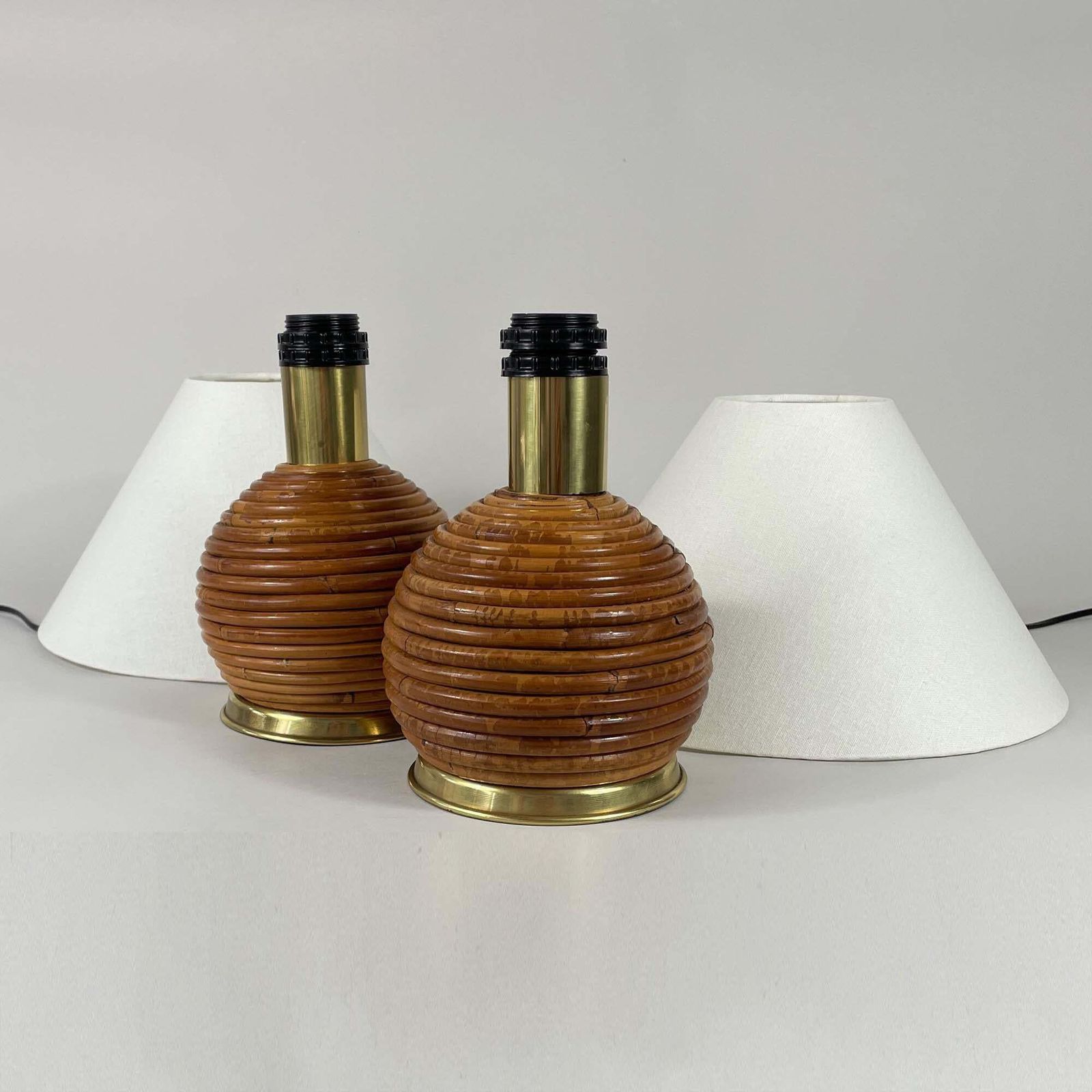 Lighting Table Lamps, Pencil Reed Rattan And Brass, Vivai Del Sud Italy 1960s photo