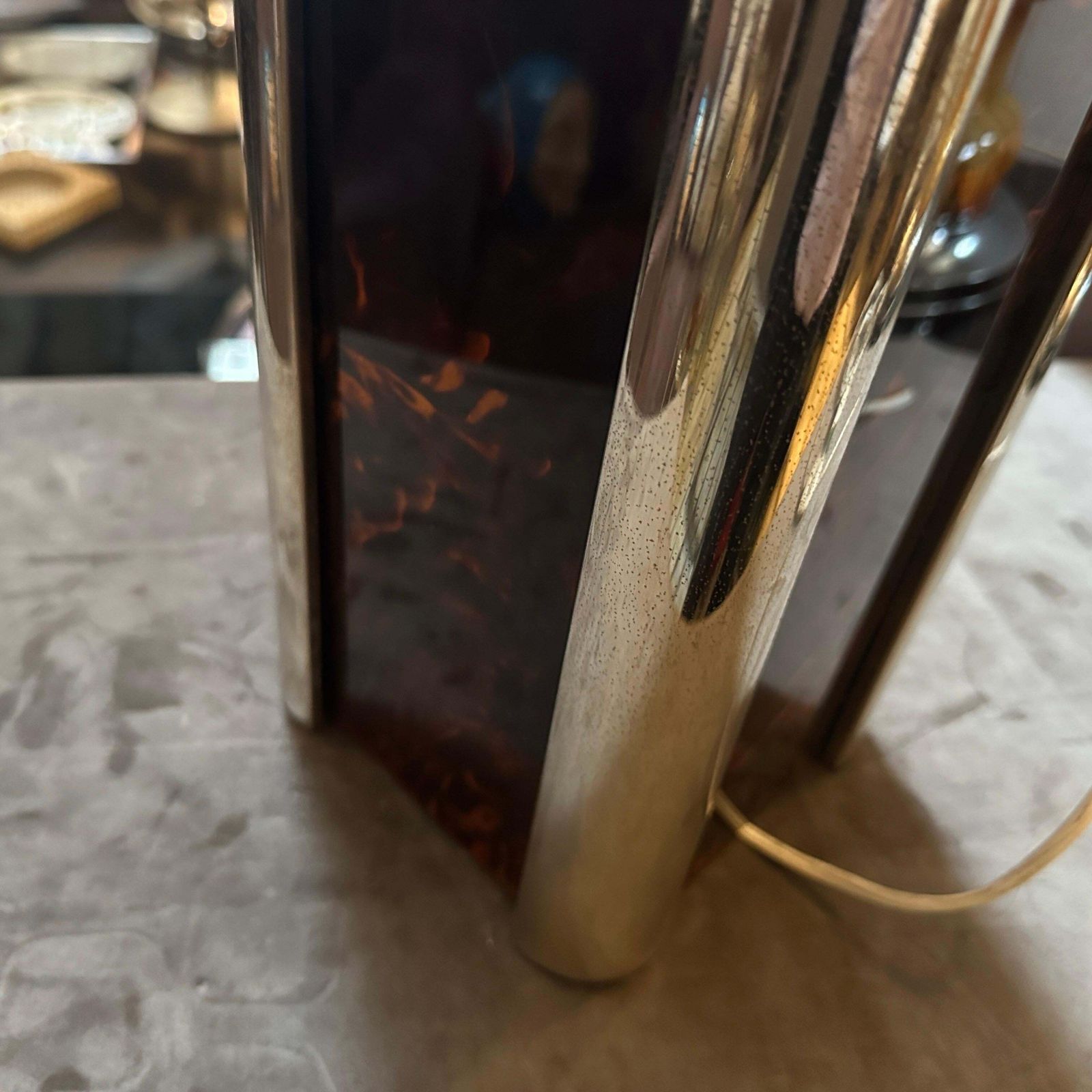1970s Mid Century Modern Fake Tortoiseshell Lucite And Silver Plate Table Lamp photo buy