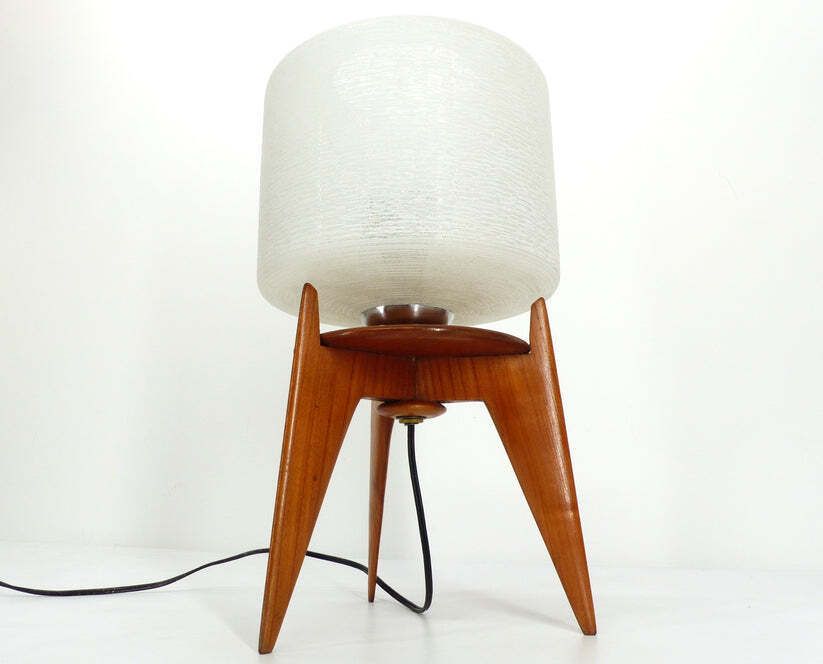 Vintage Tripod Table Lamp Wood And Glass 1950 France photo furniture