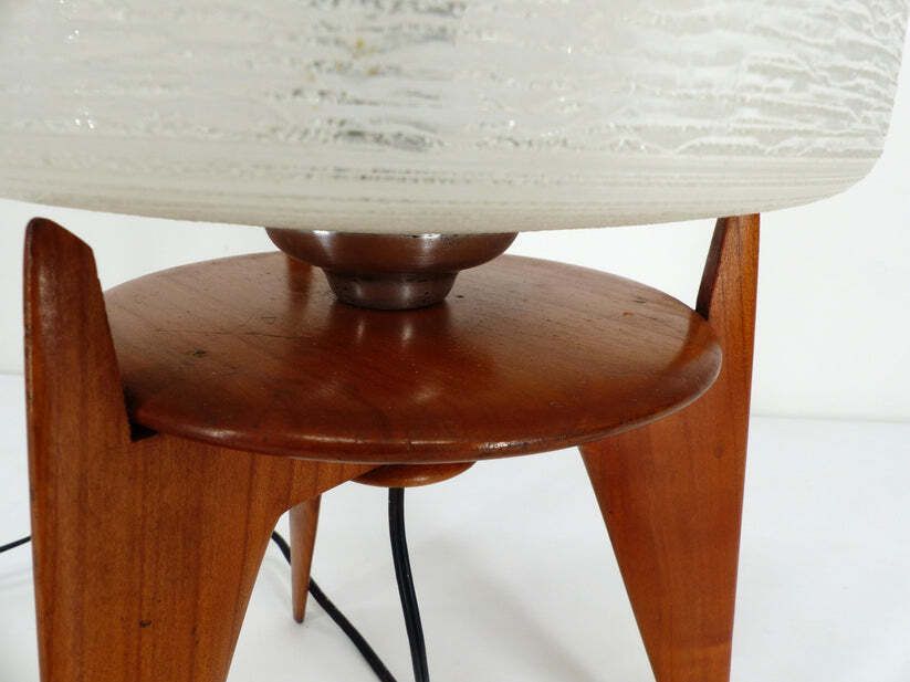 Vintage Tripod Table Lamp Wood And Glass 1950 France photo vinterior