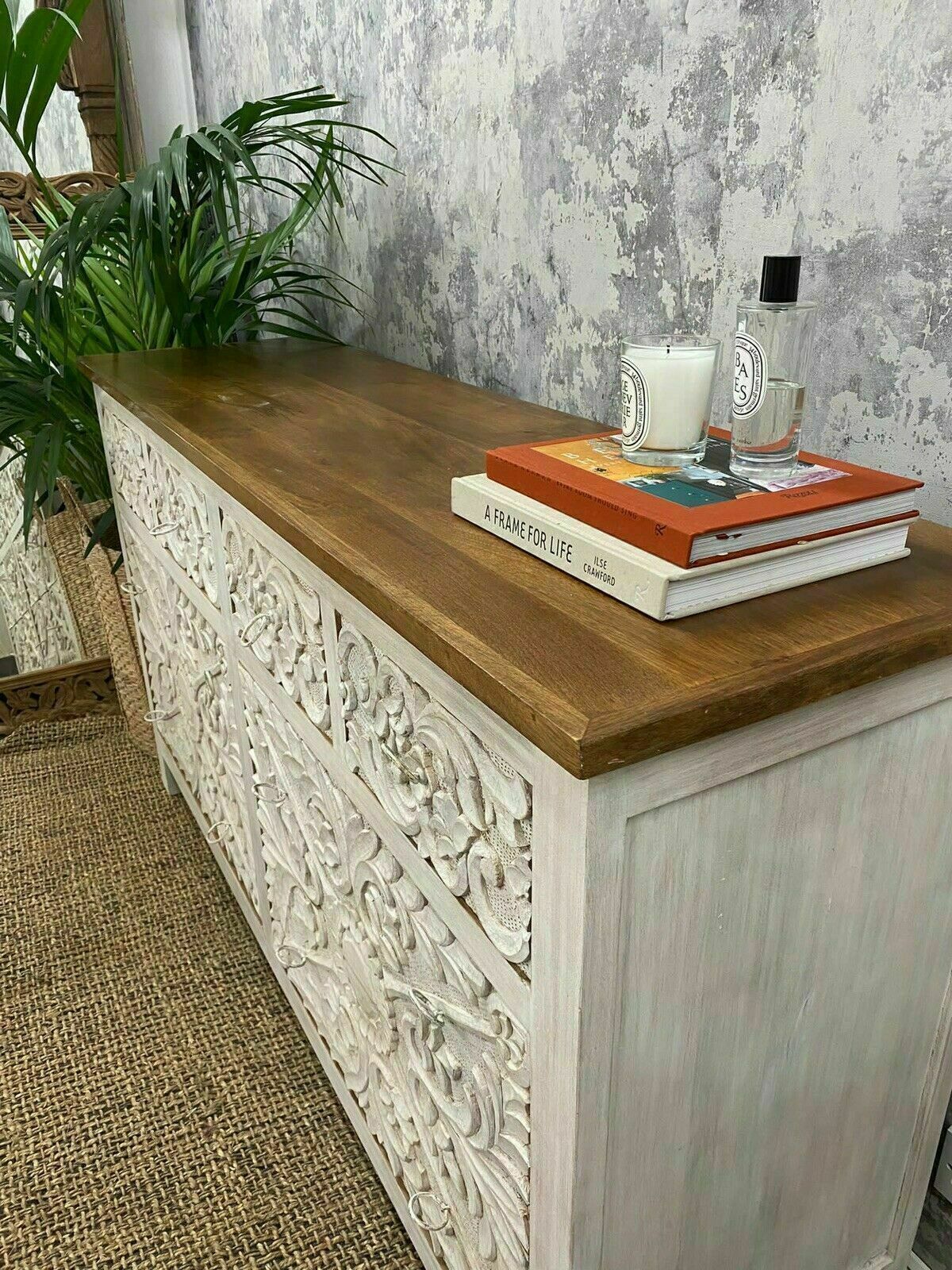 Hand Carved White Mango Wood Decorative Chest Of Drawers photo vinterior