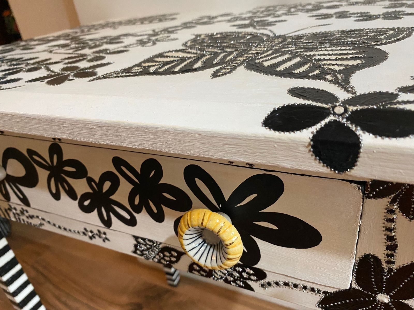 Black And White Hand Painted Blooms And Butterflies Side Table With Embellishments photo furniture