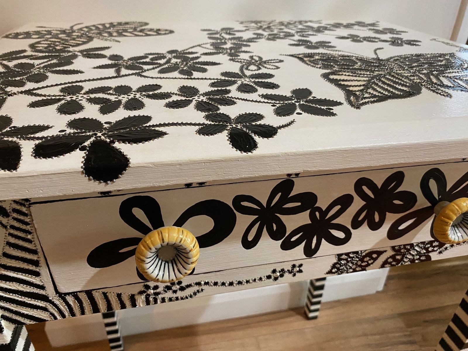 Black And White Hand Painted Blooms And Butterflies Side Table With Embellishments photo buy