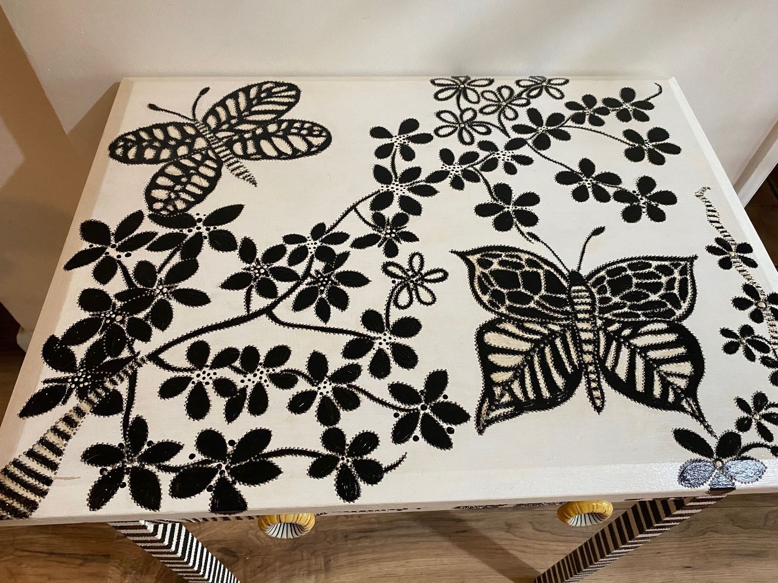 Furniture Black And White Hand Painted Blooms And Butterflies Side Table With Embellishments photo