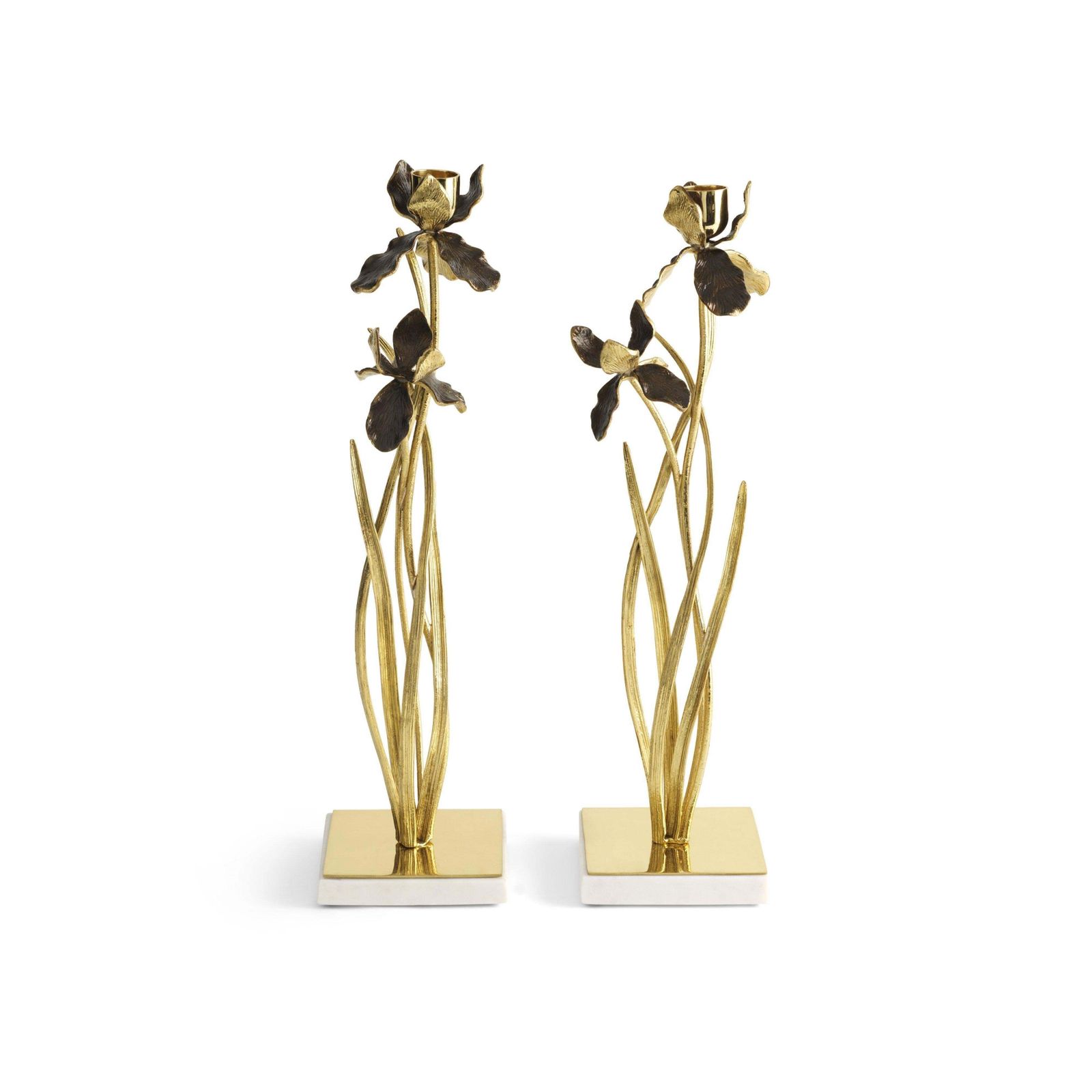 Pair Of Candlesticks With Iris Design, Gilt Metal, Patina And Marble Base. photo Home Decor