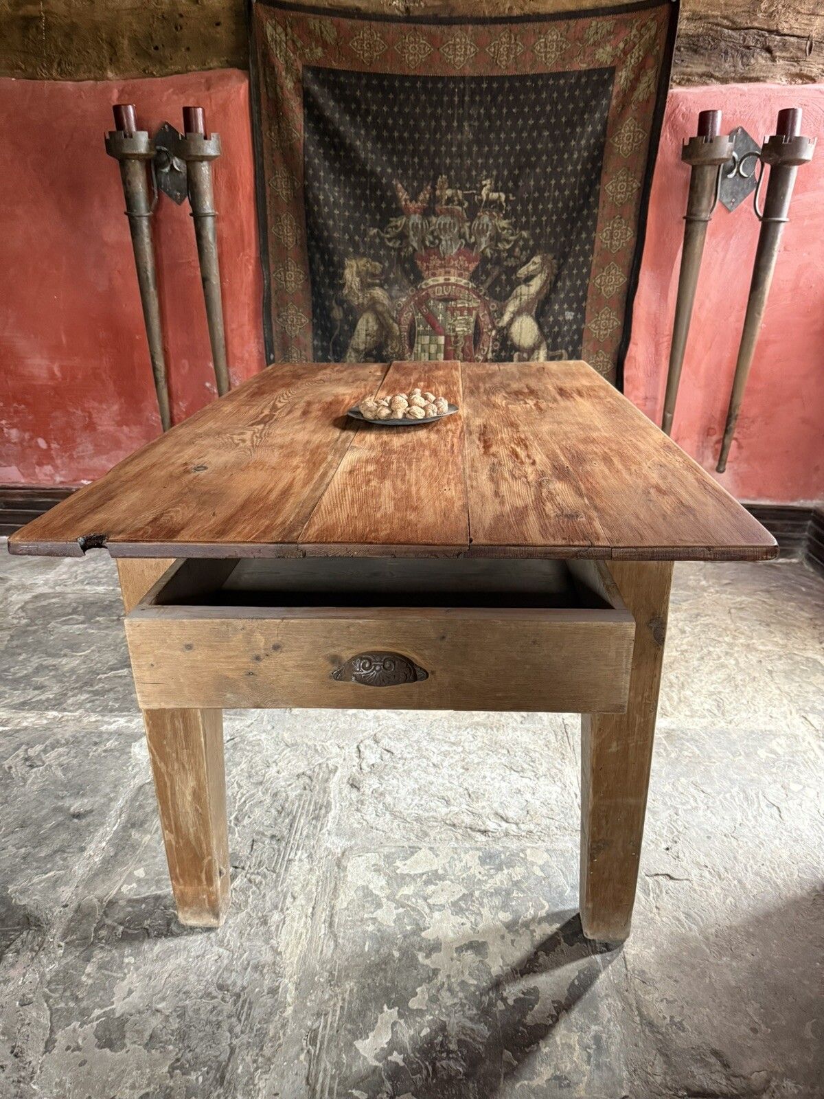 photo for sale Original English Antique Pine Rustic Farmhouse Kitchen Plank Dining Table 1800's