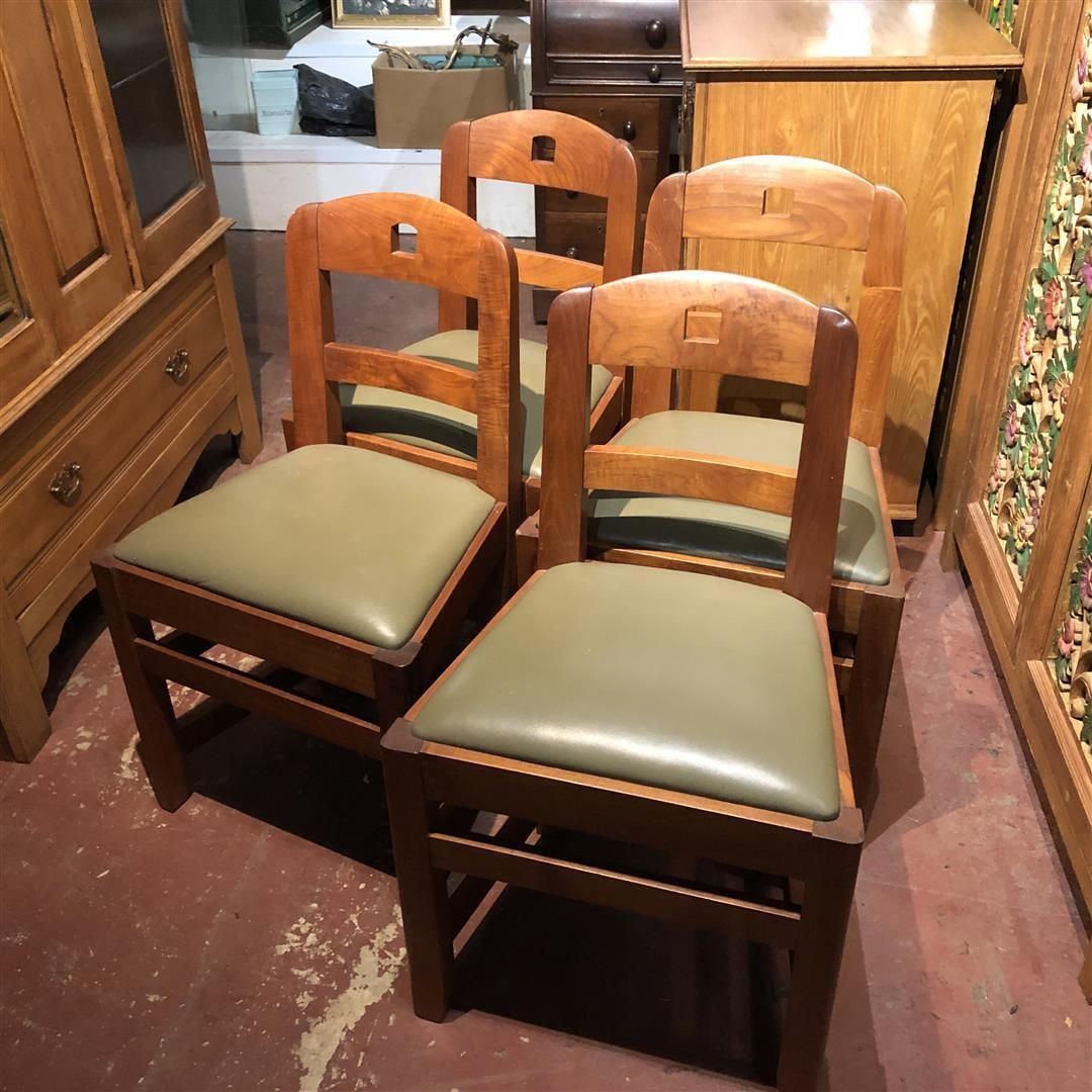 Set Of Four Brutalist Teak Dining Chairs With Leather Seats photo Furniture