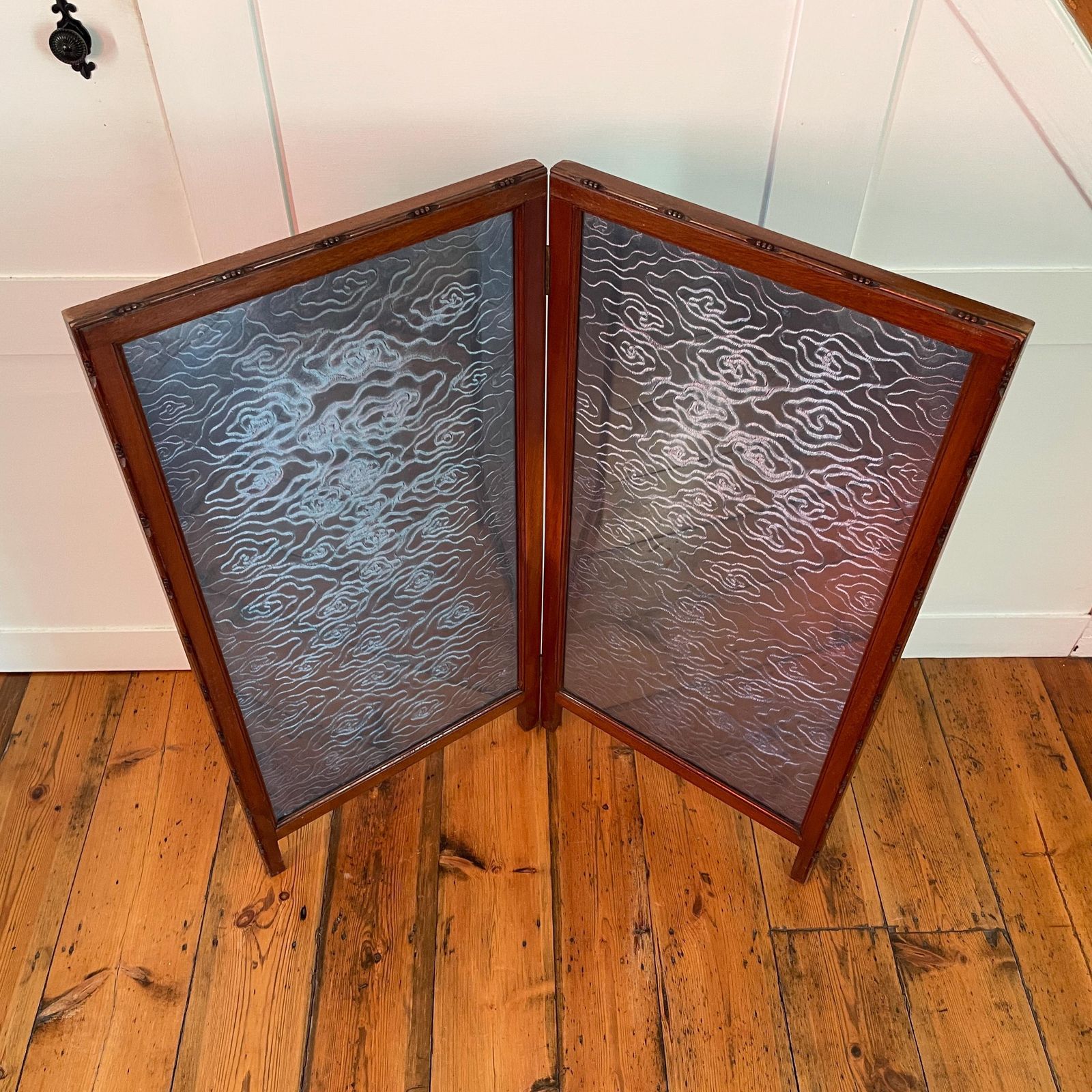 Antique Oriental Chinese Fireguard Fireplace Screen Wooden Frame Vintage Fire Guard Patterned Devore Fabric Blue Pattern Wood Freestanding photo for sale