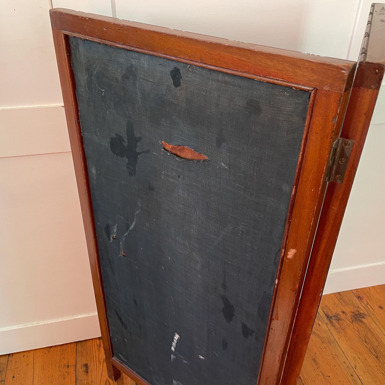 Antique Oriental Chinese Fireguard Fireplace Screen Wooden Frame Vintage Fire Guard Patterned Devore Fabric Blue Pattern Wood Freestanding photo vintage