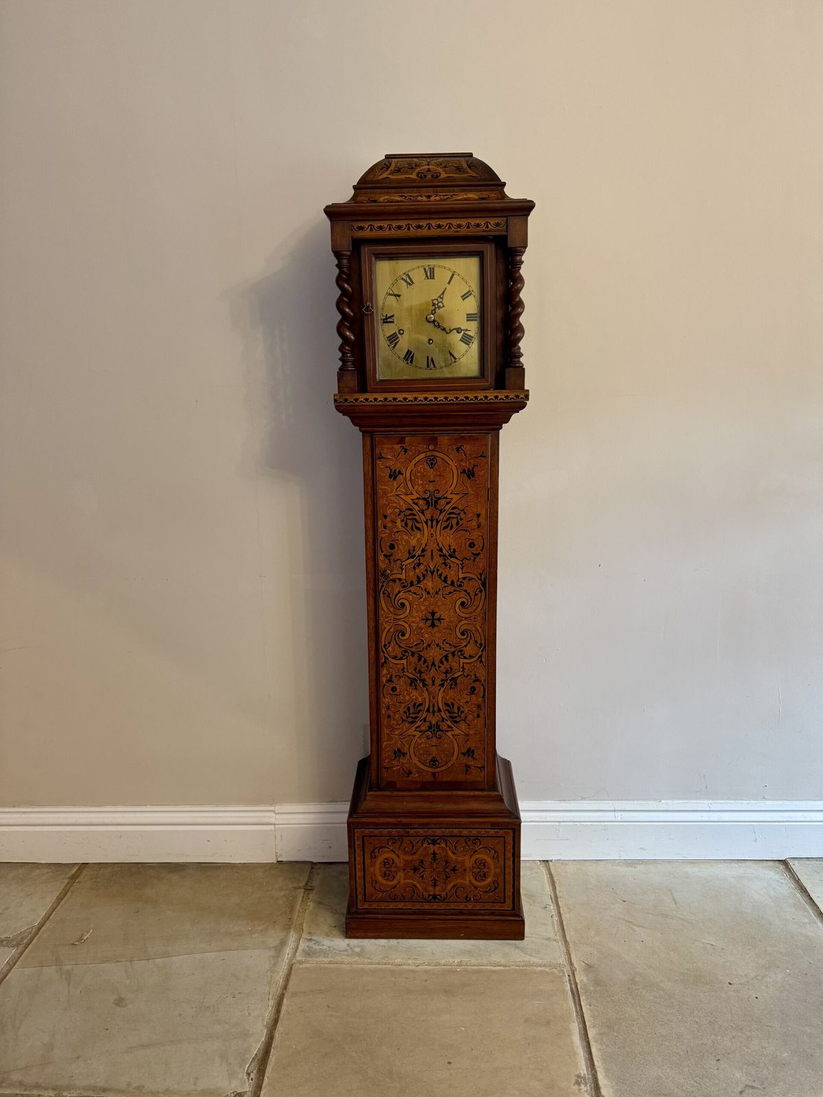 Rare Unusual Antique Musical Quality Inlaid Marquetry Grandmother Clock