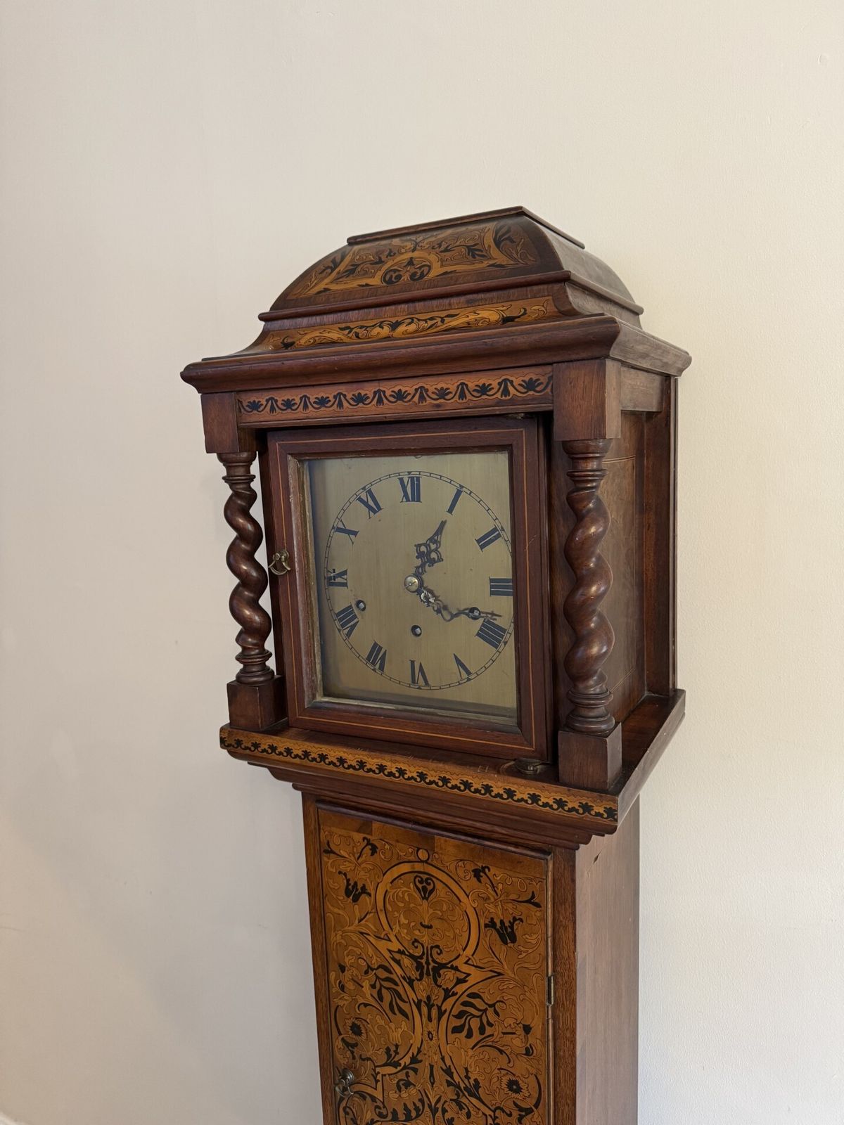 Rare Unusual Antique Musical Quality Inlaid Marquetry Grandmother Clock photo vinterior