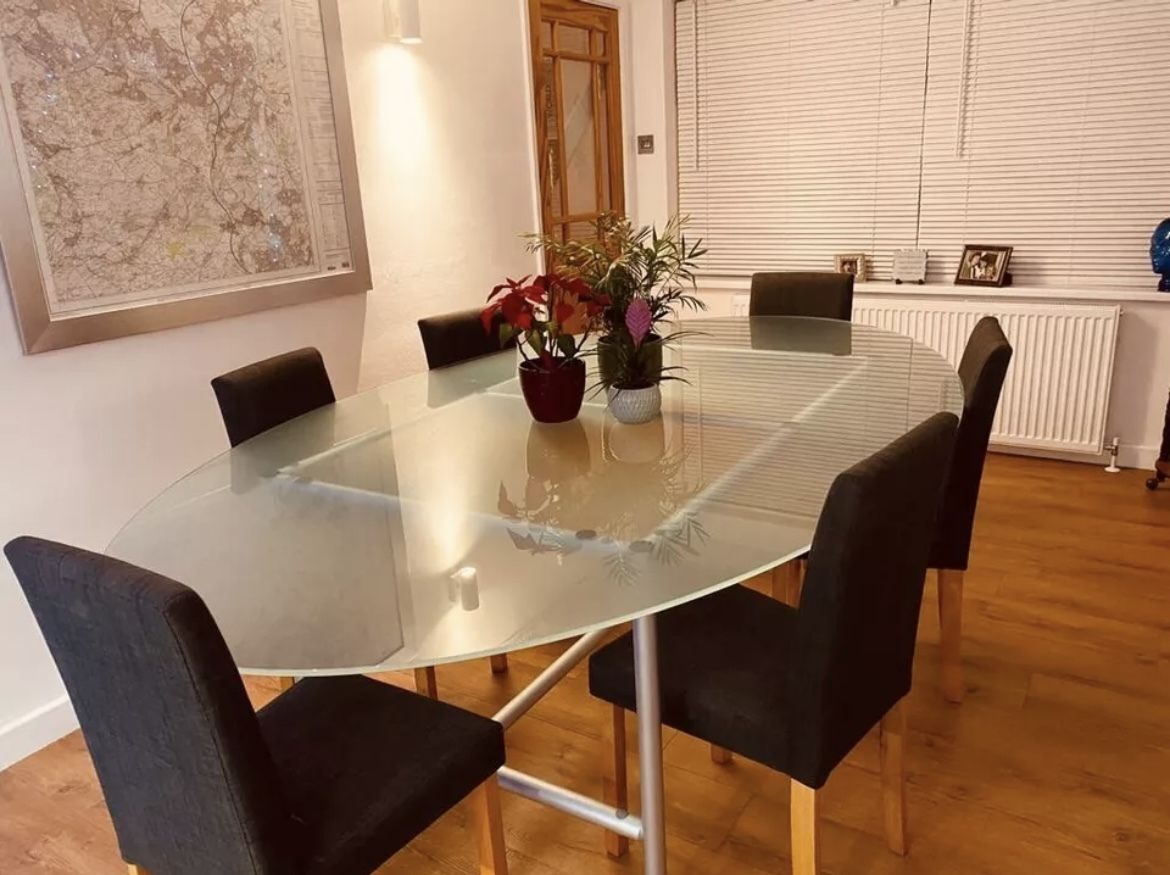 Bespoke Oval Glass Top Dining Table, Seats 10 photo for sale