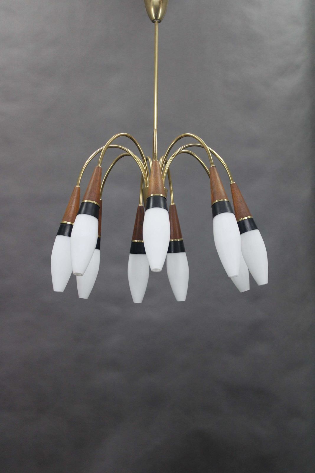 1960s Rupert Nikoll Brass And Teak Opaline Glass Chandelier , Austria photo Lighting