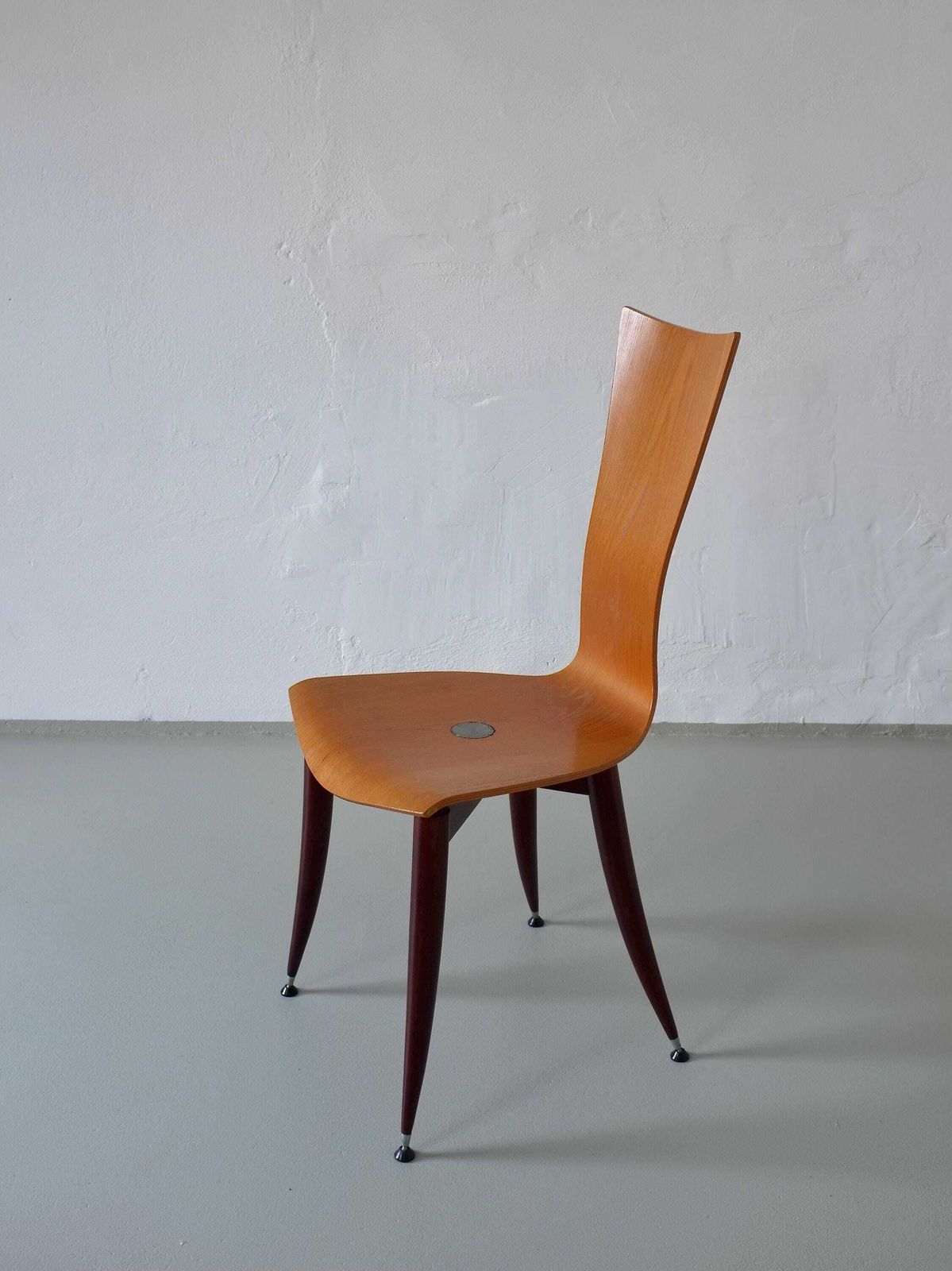 3 Plywood Burgundy Legs Chairs | Italy | 1980s photo for sale