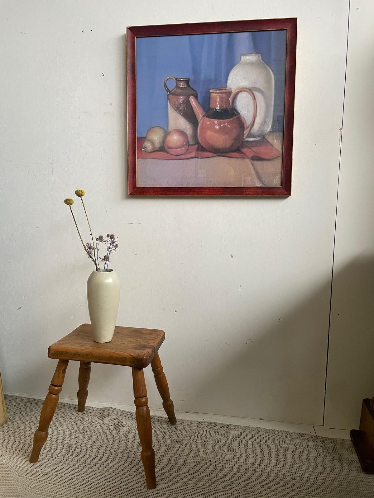 Vintage 1970s Still Life Poster Print Of Jugs And Fruit In Bevelled Deep Red Frame