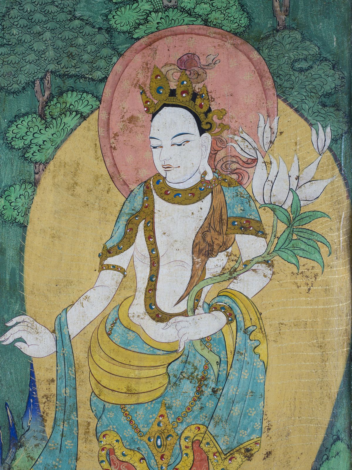 19th Century Tibetan White Tara Painting On Wood Panel photo furniture