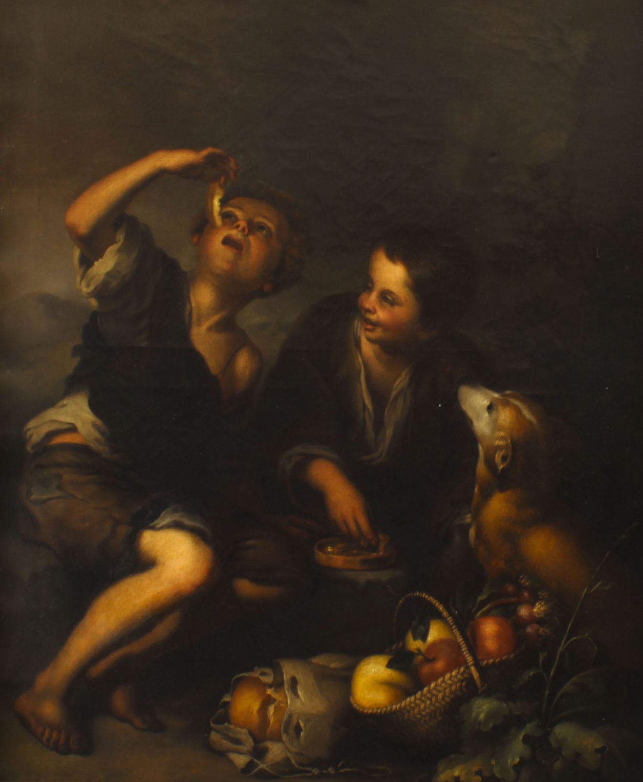 Antique Oil Painting Grape And Melon Eaters After Bartolome' Murillo  18th C photo furniture