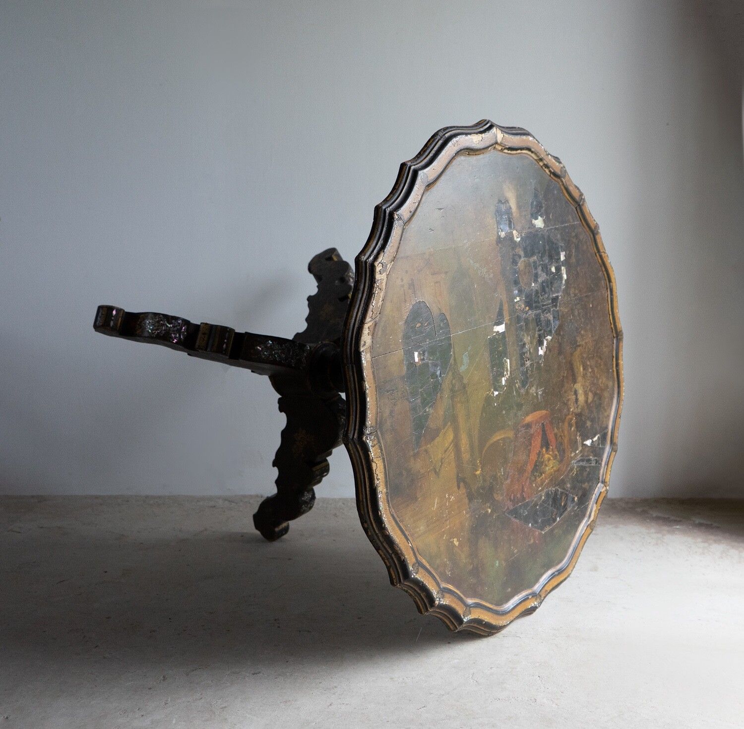 Antique French Napoleon III Lacquered Pedestal Table, Inlaid Hand Painted 19th C photo furniture