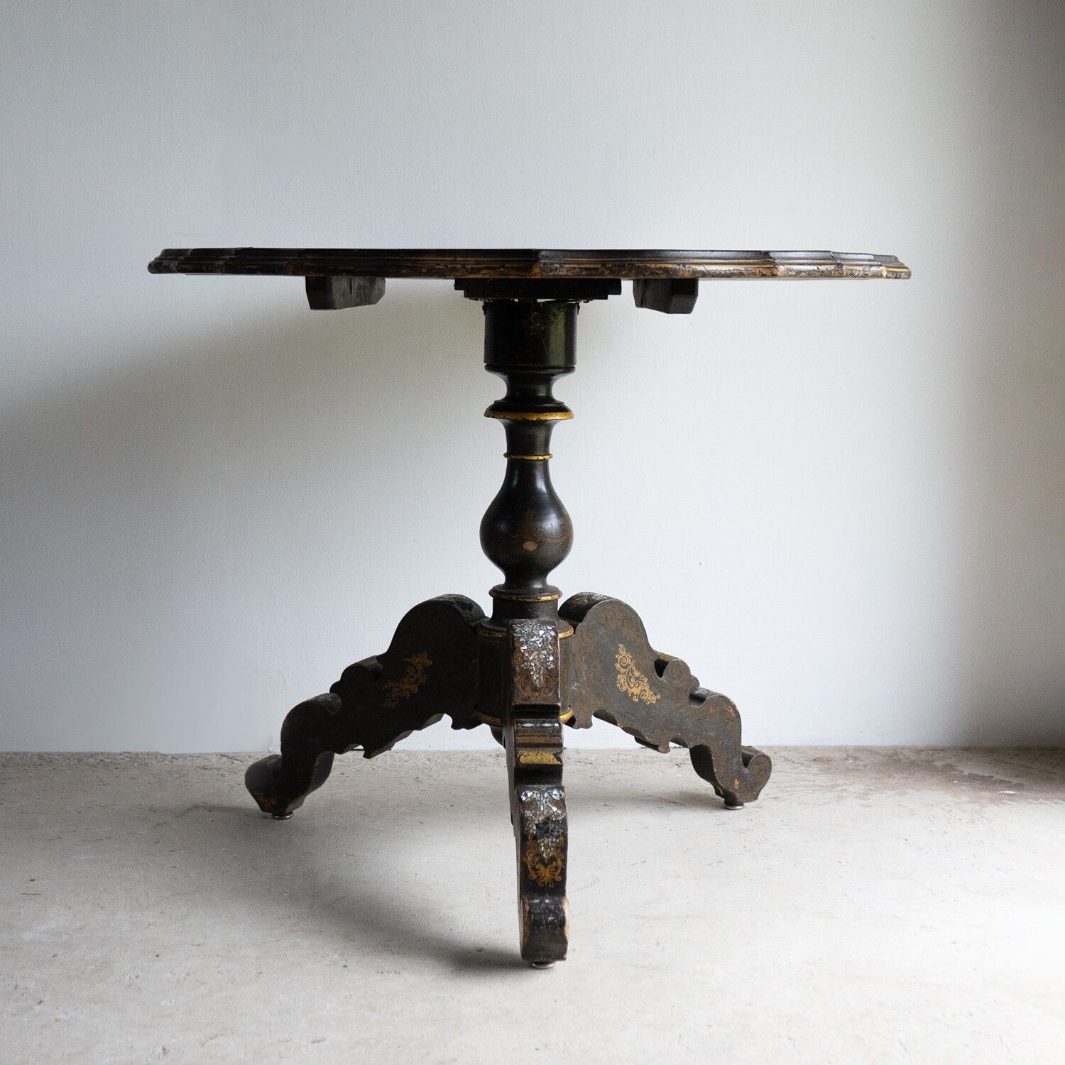 Antique French Napoleon III Lacquered Pedestal Table, Inlaid Hand Painted 19th C photo buy