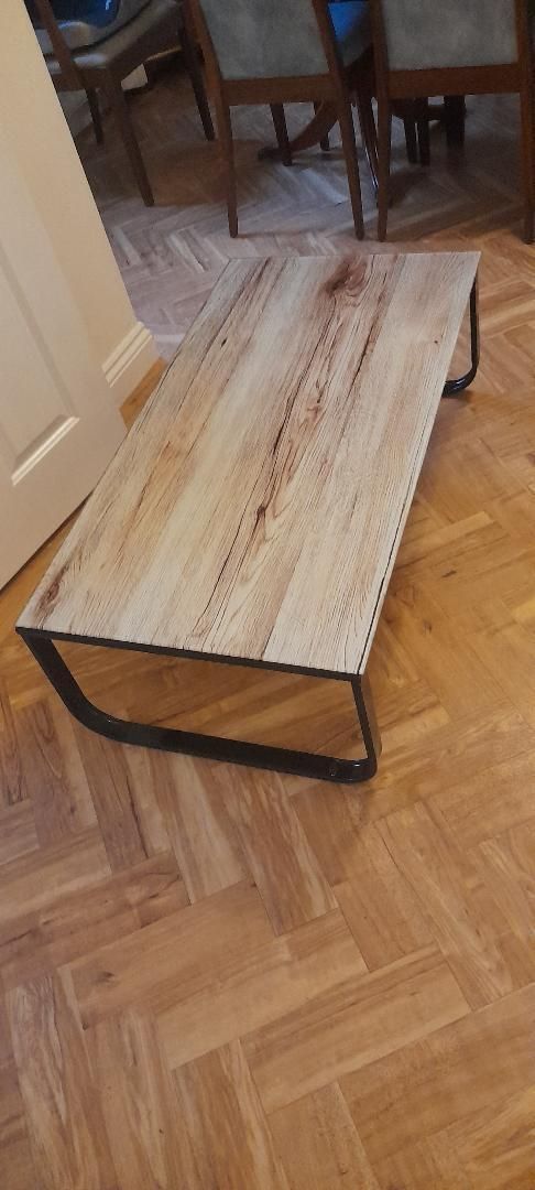 Contemporary Black Metal Framed Glass Top Printed Bleached Oak Effect photo furniture