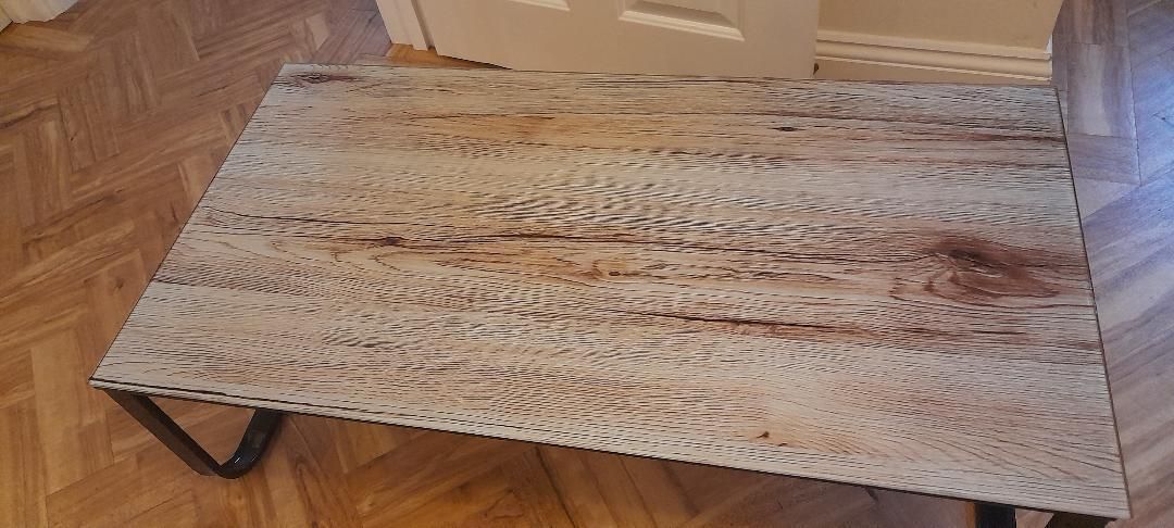 Contemporary Black Metal Framed Glass Top Printed Bleached Oak Effect photo buy