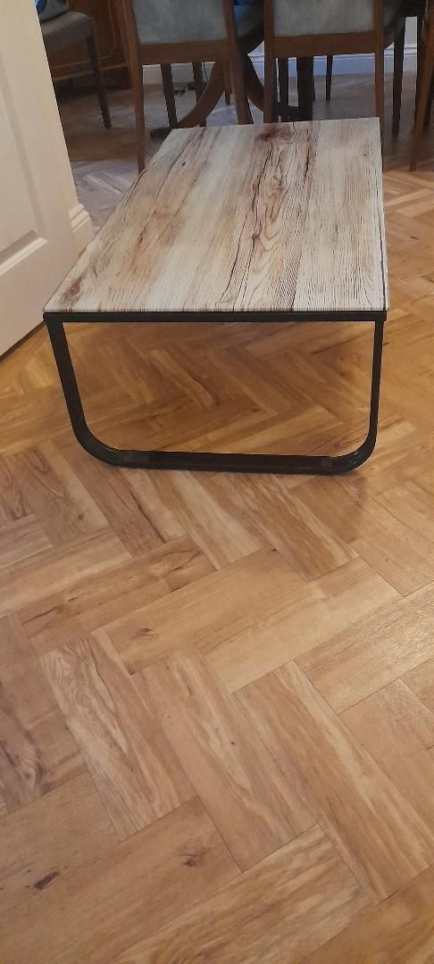 photo for sale Contemporary Black Metal Framed Glass Top Printed Bleached Oak Effect